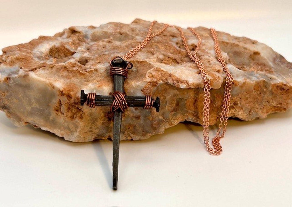 Iron Nail Cross Necklace – Crucifix Pendant - Copper 7th Anniversary - FREE GIFT BOX - Hand Forged Nails - Fathers Mothers Day Easter Gift