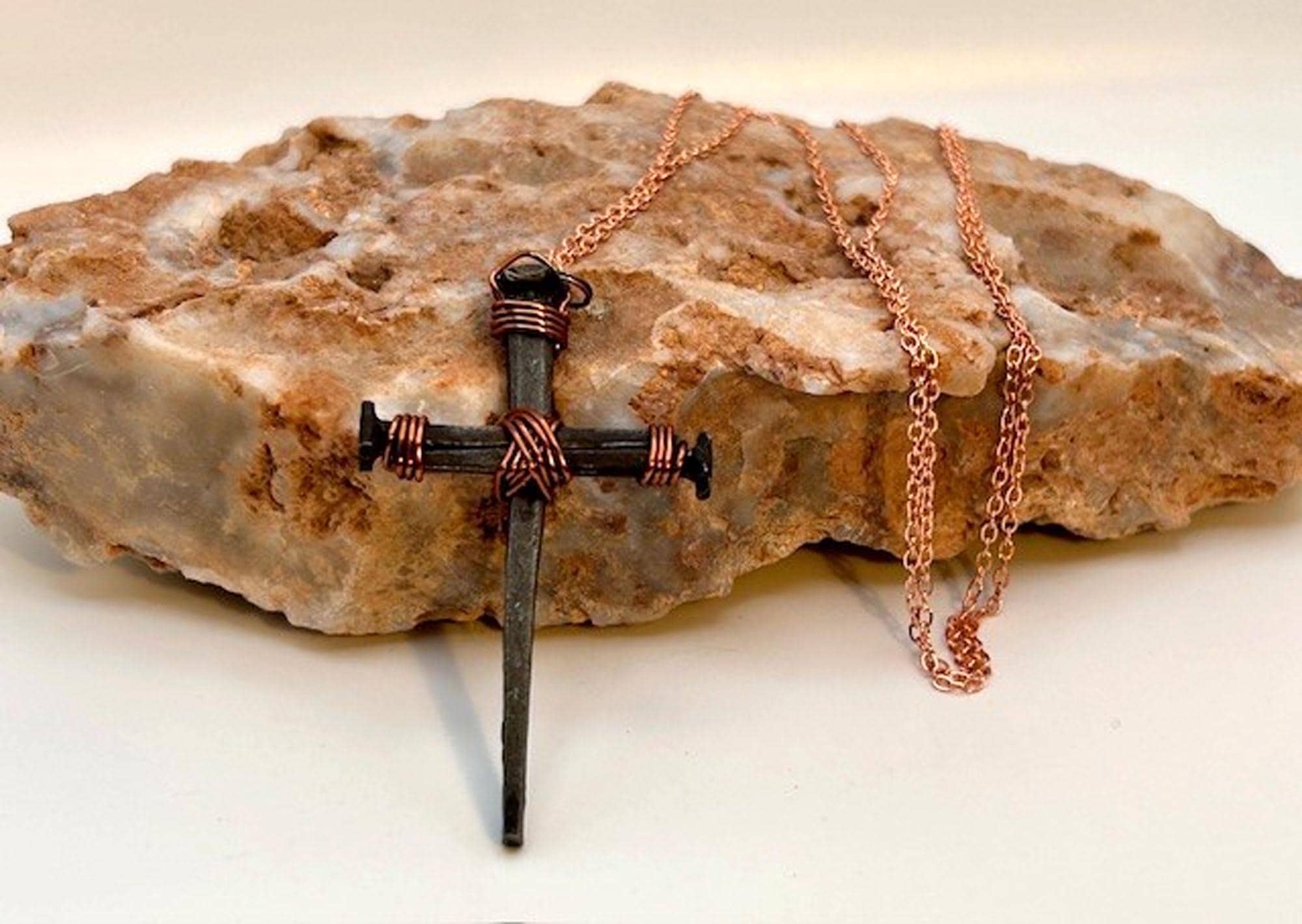 Iron Nail Cross Necklace – Crucifix Pendant - Copper 7th Anniversary - FREE GIFT BOX - Hand Forged Nails - Fathers Mothers Day Easter Gift