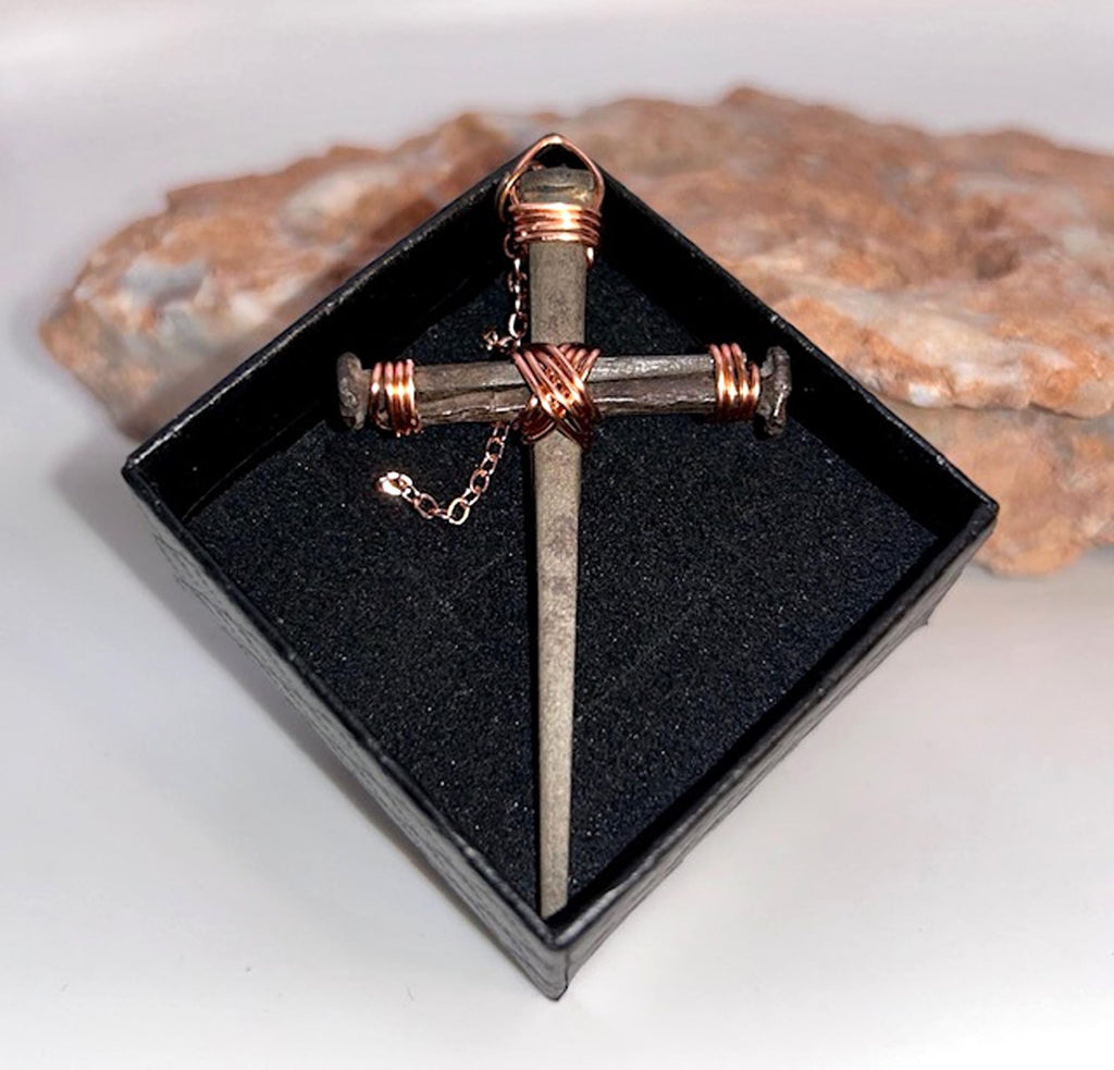 Iron Nail Cross Necklace – Crucifix Pendant - Copper 7th Anniversary - FREE GIFT BOX - Hand Forged Nails - Fathers Mothers Day Easter Gift