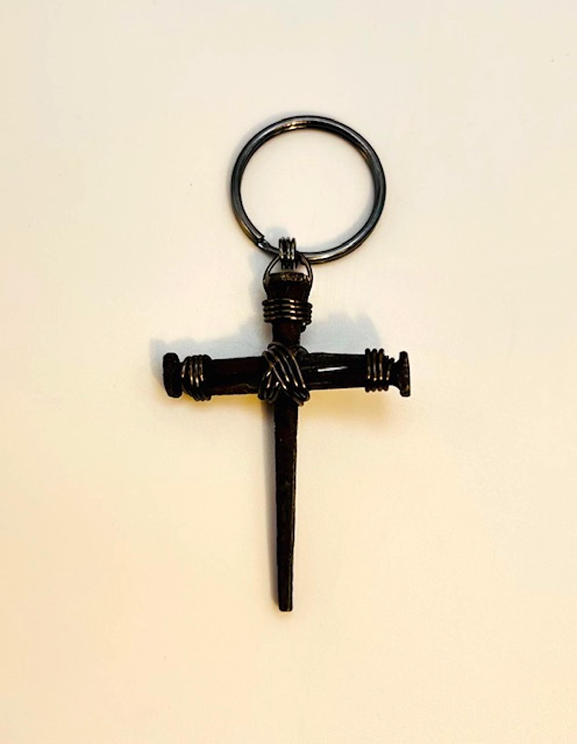 Hand Forged Iron Nail Cross Keyring - Rustic Christian Gift, 6th Anniversary (Set of 2) - FREE GIFT BOX