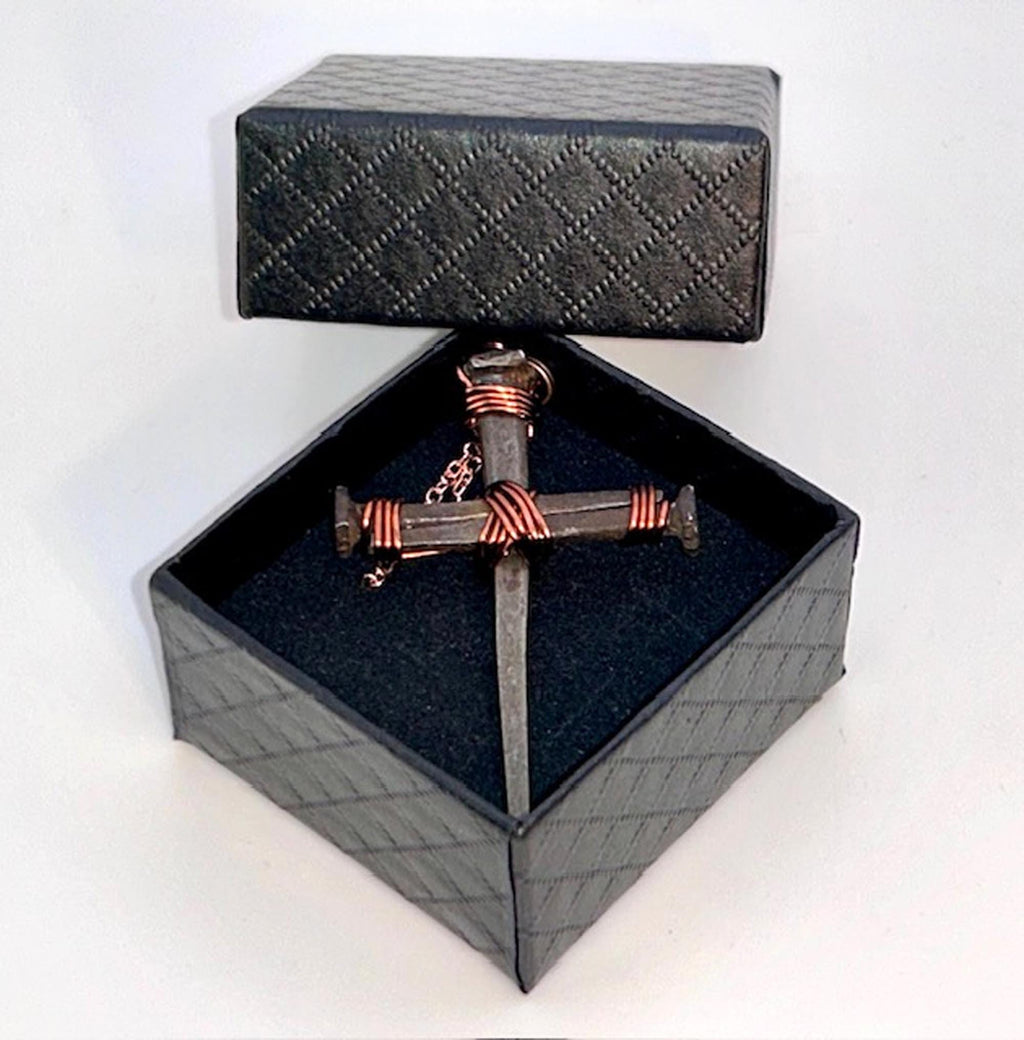 Iron Nail Cross Necklace – Crucifix Pendant - Copper 7th Anniversary - FREE GIFT BOX - Hand Forged Nails - Fathers Mothers Day Easter Gift