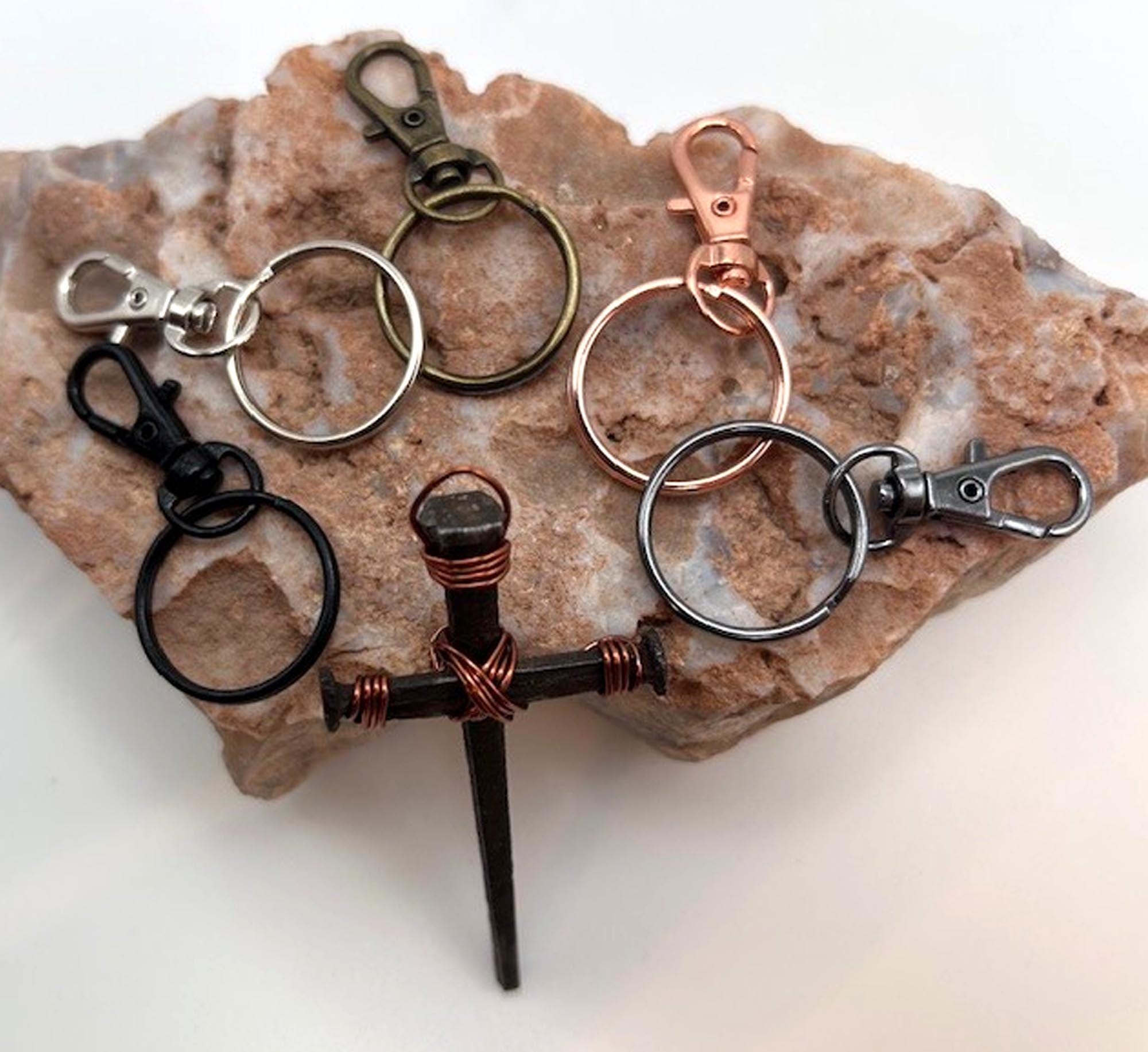 Hand Forged Iron Nail Cross Keyring - Rustic Christian Gift, 6th Anniversary (Set of 2) - FREE GIFT BOX