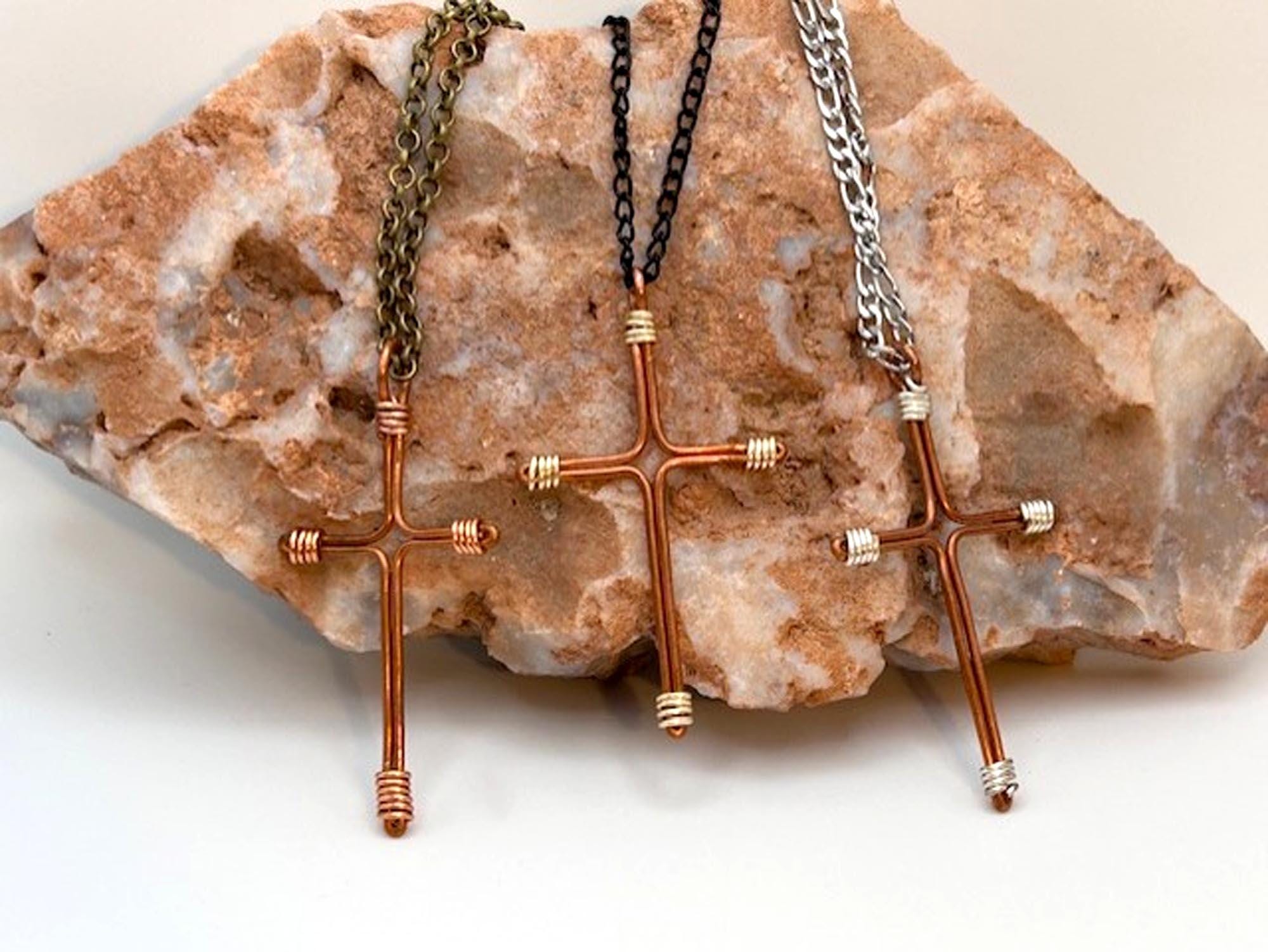 Copper Wire Cross Necklace – Hand-created Custom Crucifix Necklace - Copper 7th Anniversary - Fathers Day - Mothers Day - FREE GIFT BOX -Alt