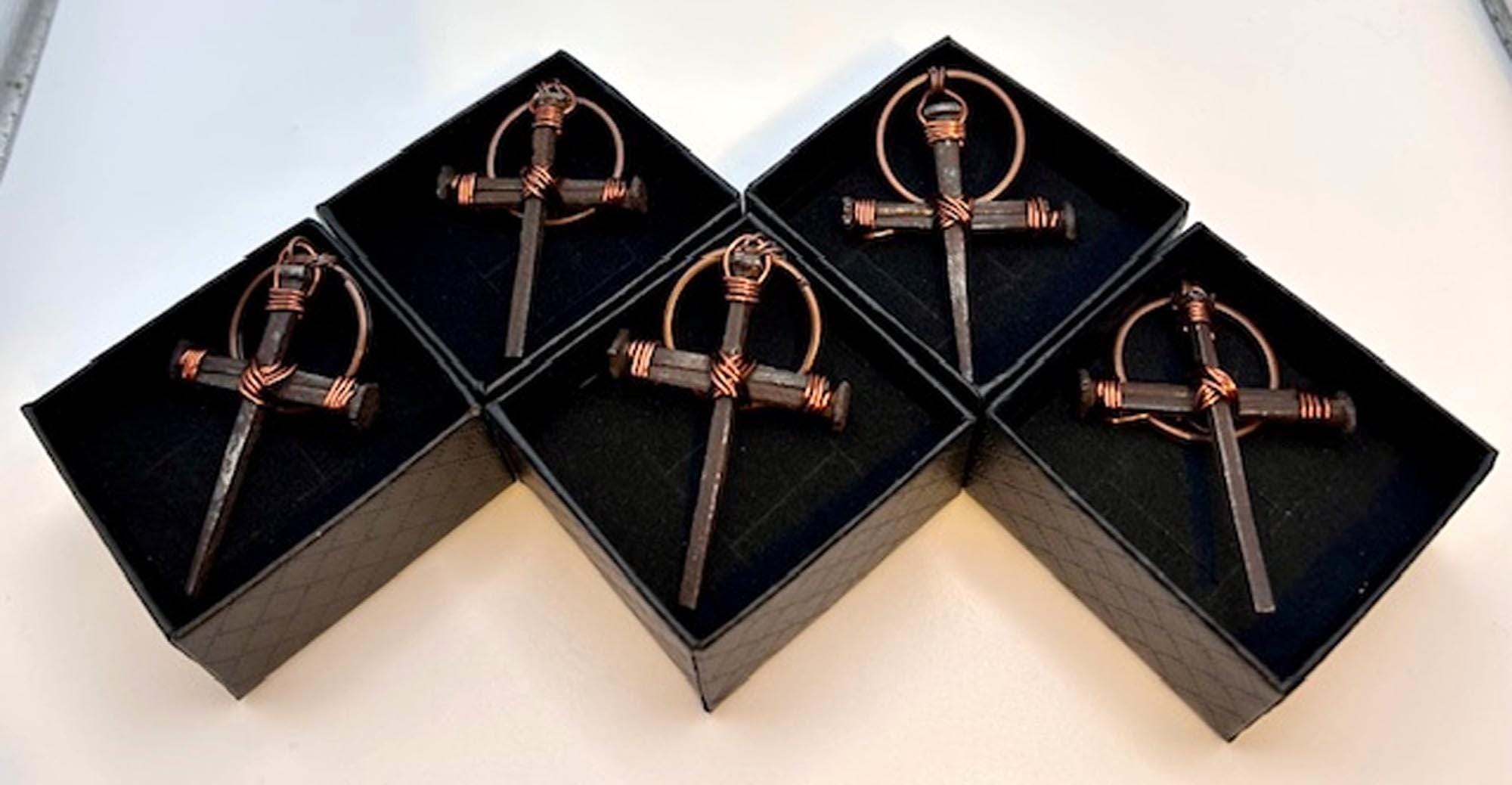Iron Nail Cross Keyring - Rustic Christian Keychain Gift, 6th Anniversary (Set of 2) - FREE GIFT BOX - Hand Forged