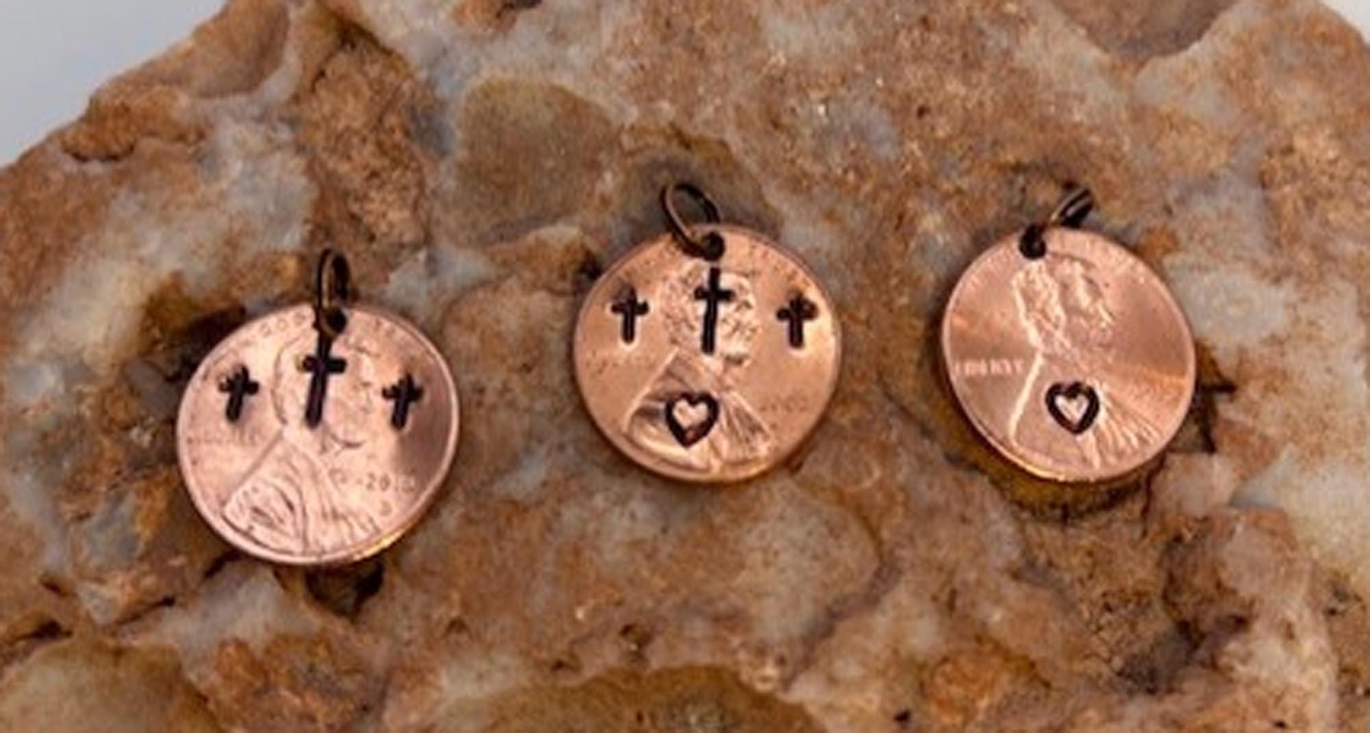 Penny Cross Charms Only – Christian Easter Gift, Religious Keychain 3 Stamping Choices - Aged Patina or Bright Polished - FREE GIFT BOX