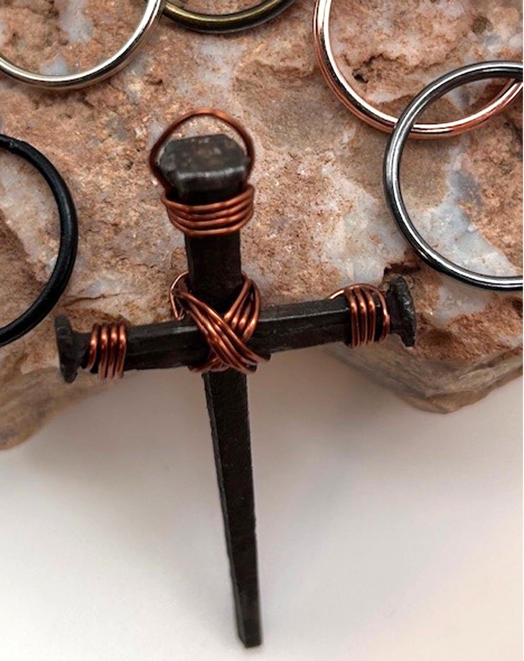 Hand Forged Iron Nail Cross Keyring - Rustic Christian Gift, 6th Anniversary (Set of 2) - FREE GIFT BOX