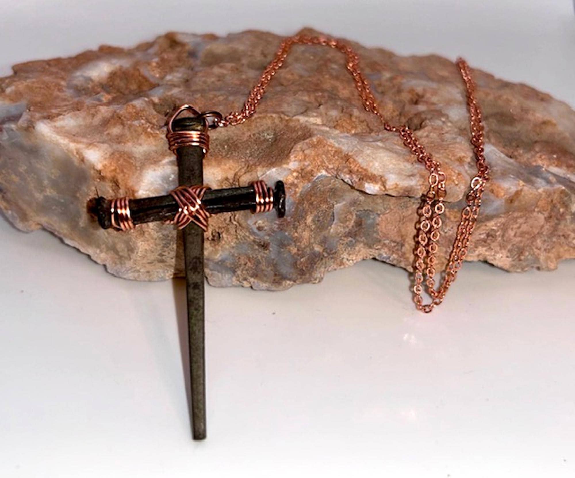 Iron Nail Cross Necklace - 6th Iron Anniversary - 7th Copper - Easter - Christian Crucifix - Easter - Fathers or Mothers Day GIFT BOX FREE