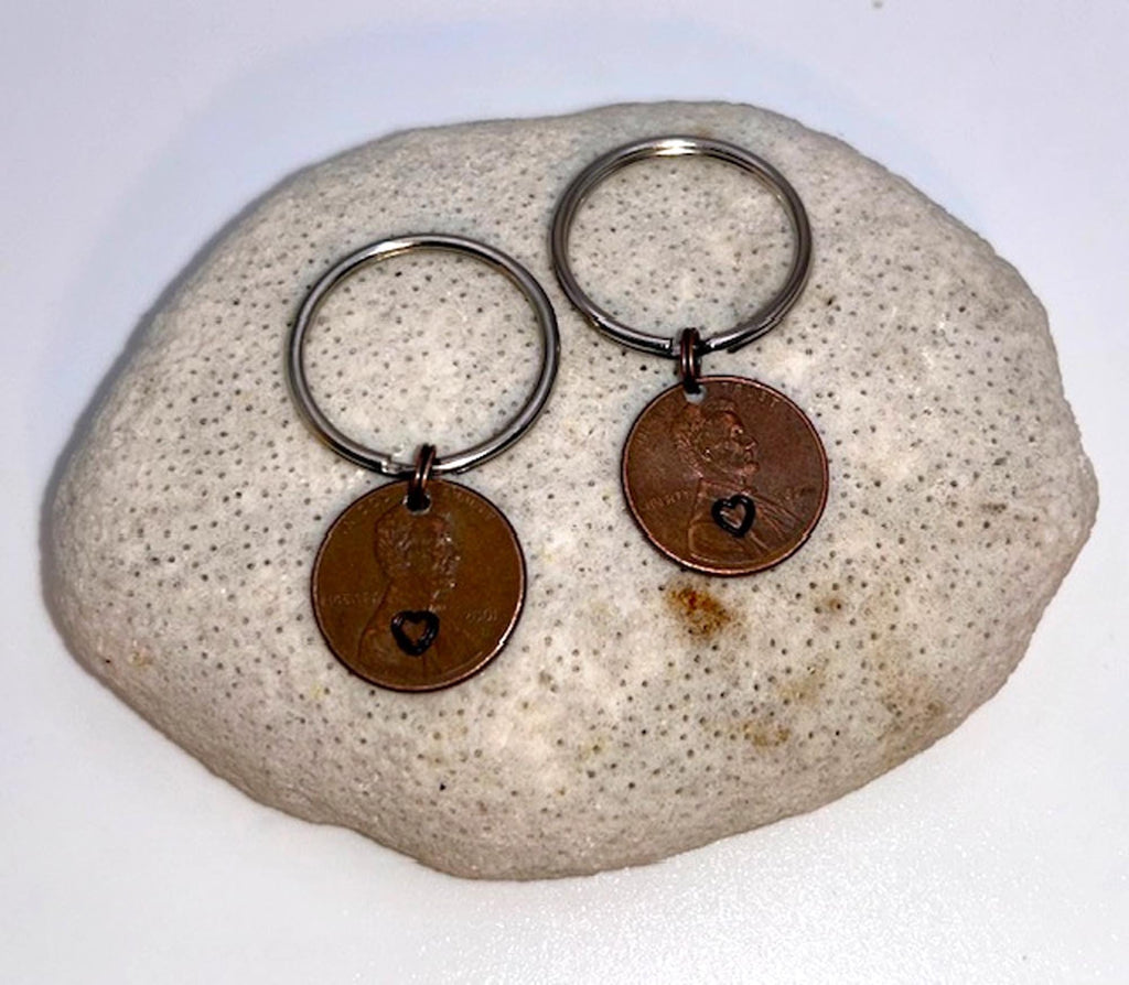 Penny Love Hearts Keychain - 7th - Copper Anniversary Gift, Stamped Penny, Set of 2, FREE GIFT BOX