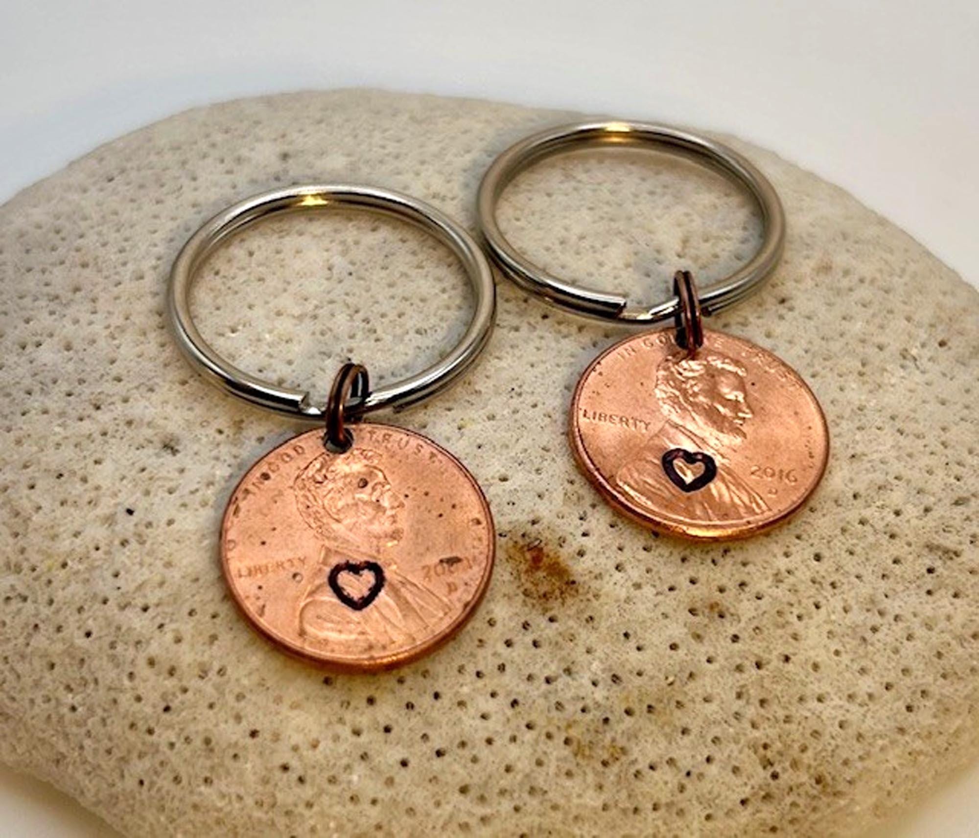 Penny Love Hearts Keychain - 7th - Copper Anniversary Gift, Stamped Penny, Set of 2, FREE GIFT BOX