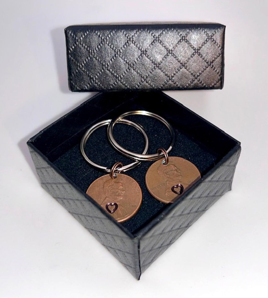 Penny Love Hearts Keychain - 7th - Copper Anniversary Gift, Stamped Penny, Set of 2, FREE GIFT BOX