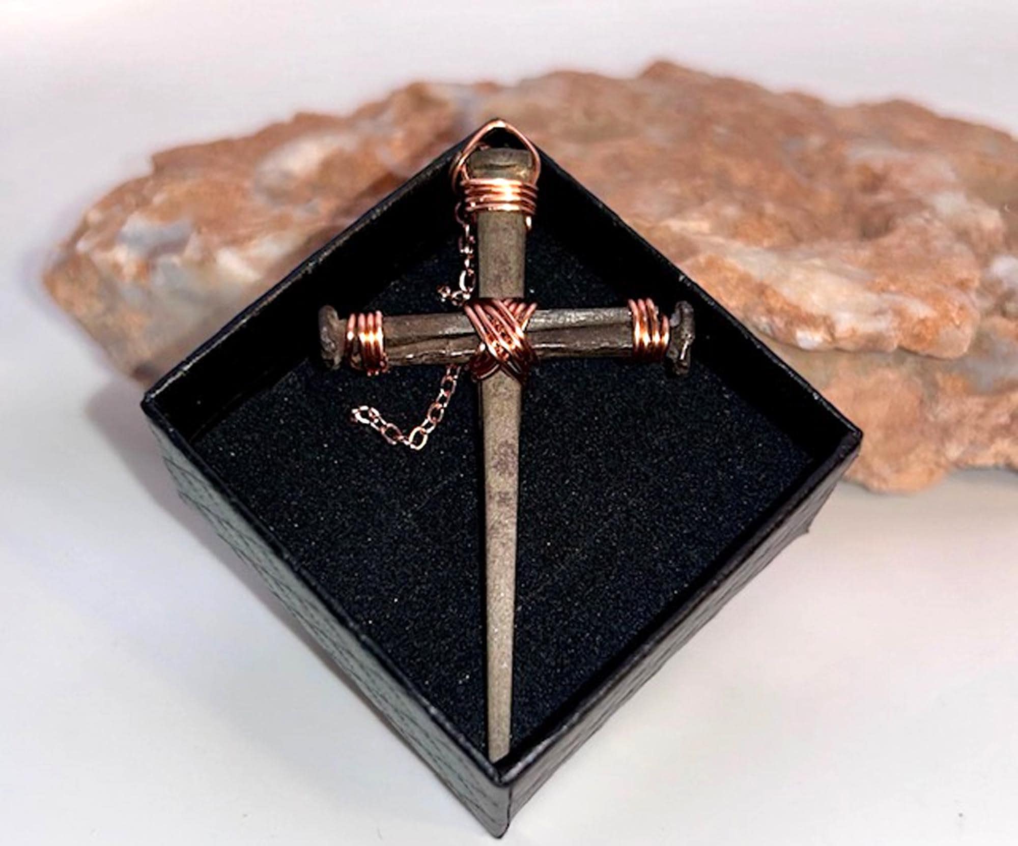 Iron Nail Cross Necklace - 6th Iron Anniversary - 7th Copper - Easter - Christian Crucifix - Easter - Fathers or Mothers Day GIFT BOX FREE