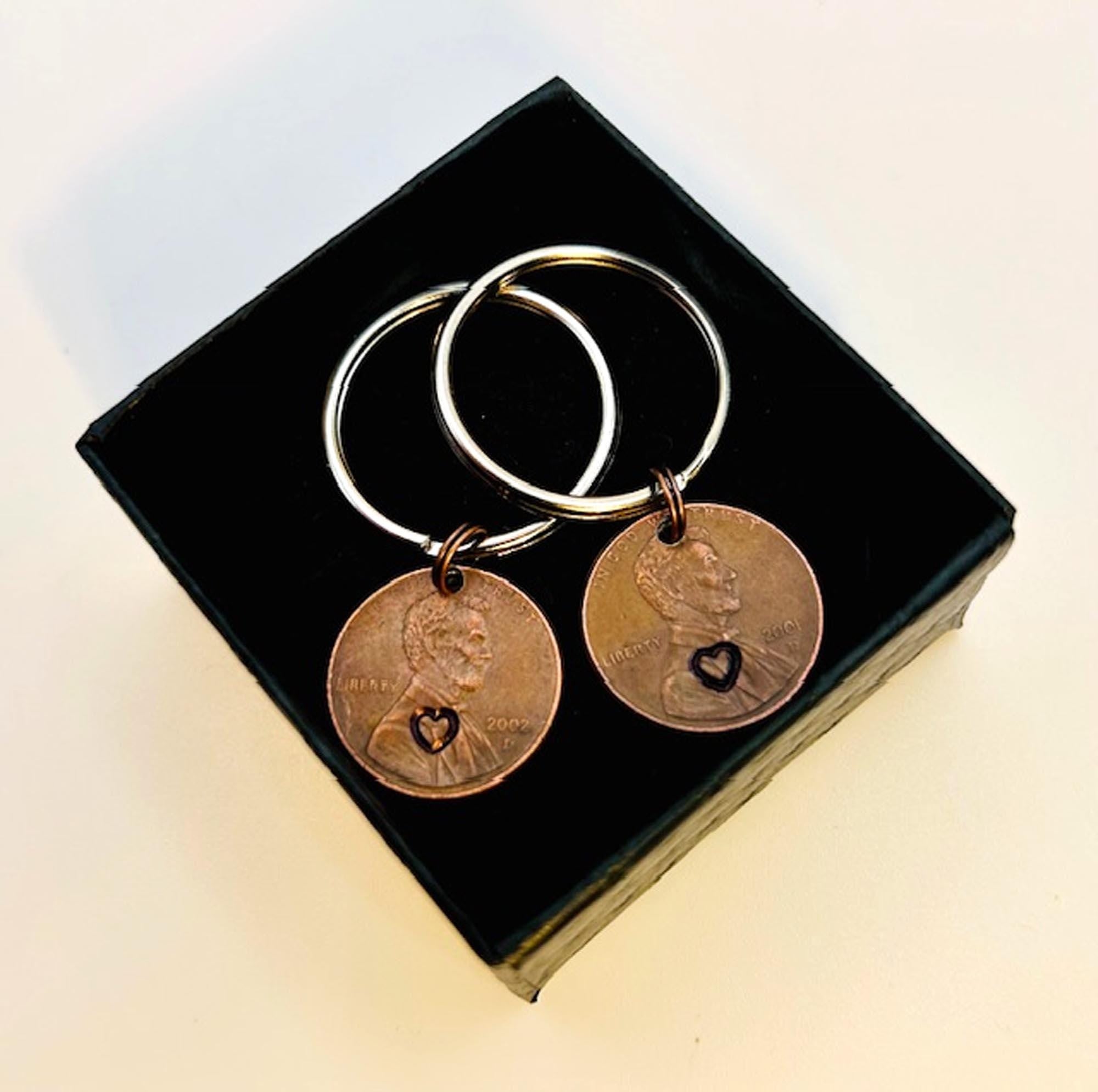 Penny Love Hearts Keychain - 7th - Copper Anniversary Gift, Stamped Penny, Set of 2, FREE GIFT BOX