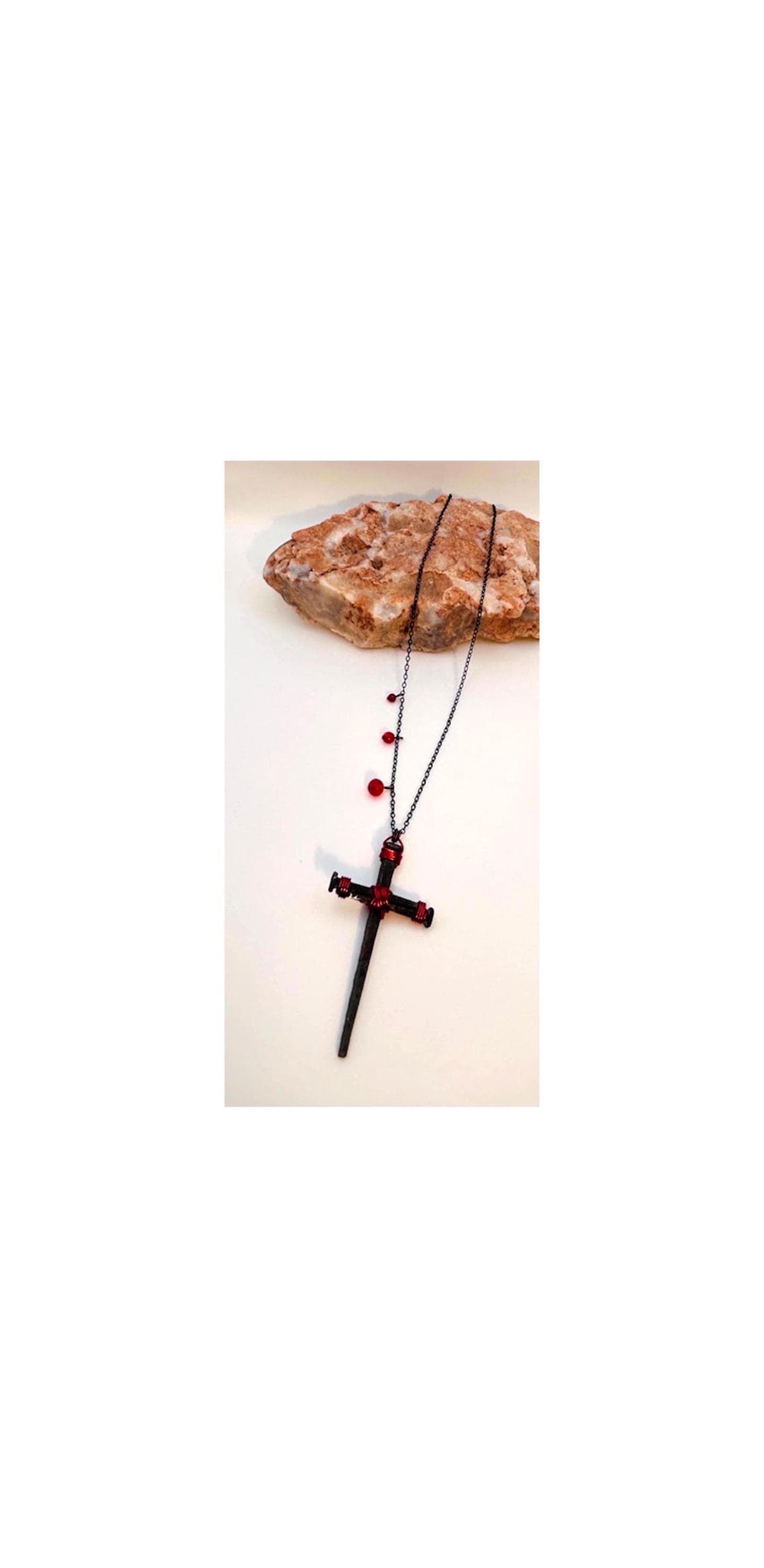 Gothic Iron Nail Cross Necklace – Crucifix Pendant w Blood Red Bead Drops - 6th Anniversary Birthday Gift - Hand Forged FREE GIFT BOX - Alt