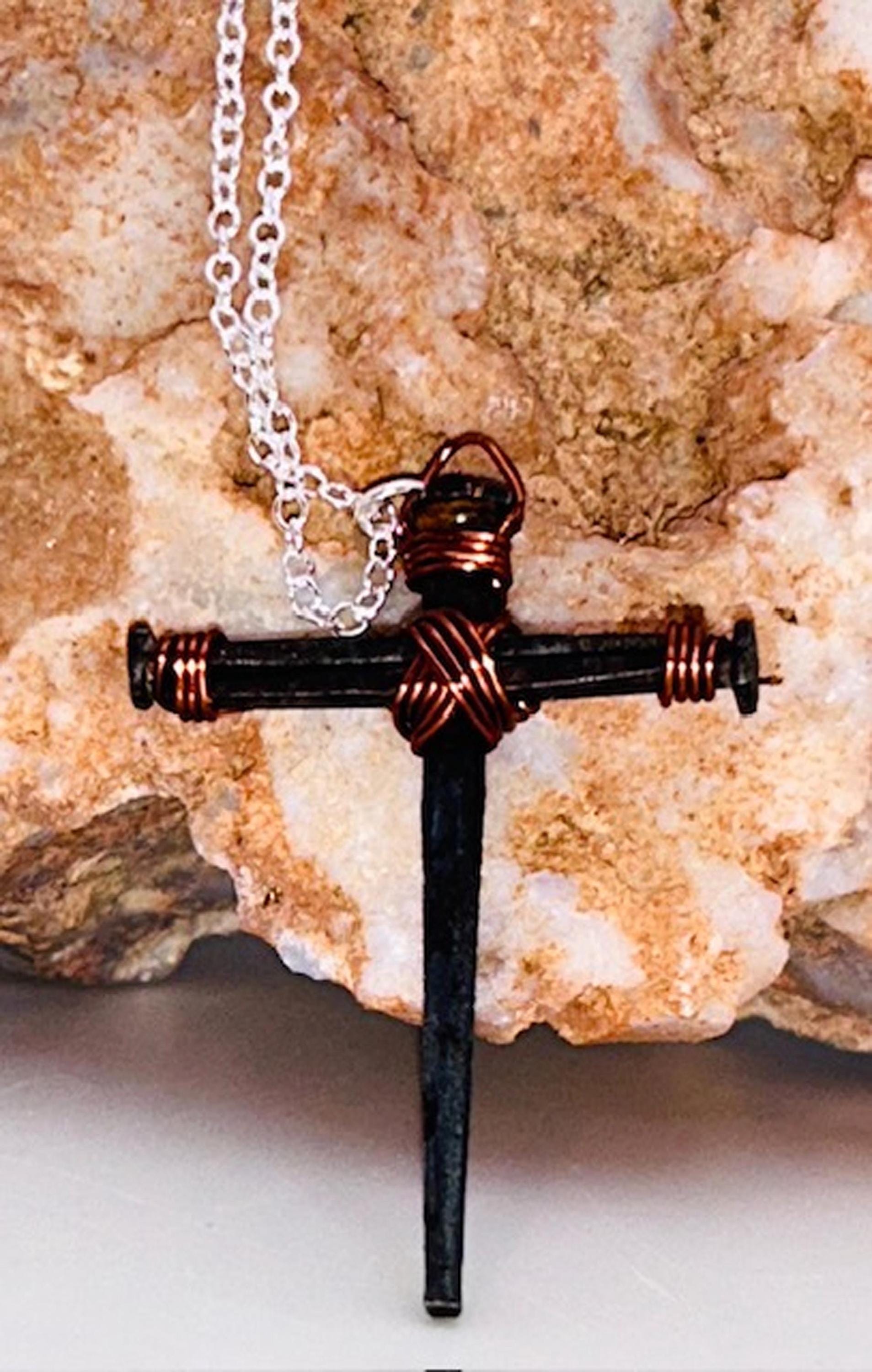 Iron Nail Cross Necklace - 6th Iron Anniversary - 7th Copper Anniversary - Christian Crucifix - Easter - Fathers - Mothers Day GIFT BOX FREE