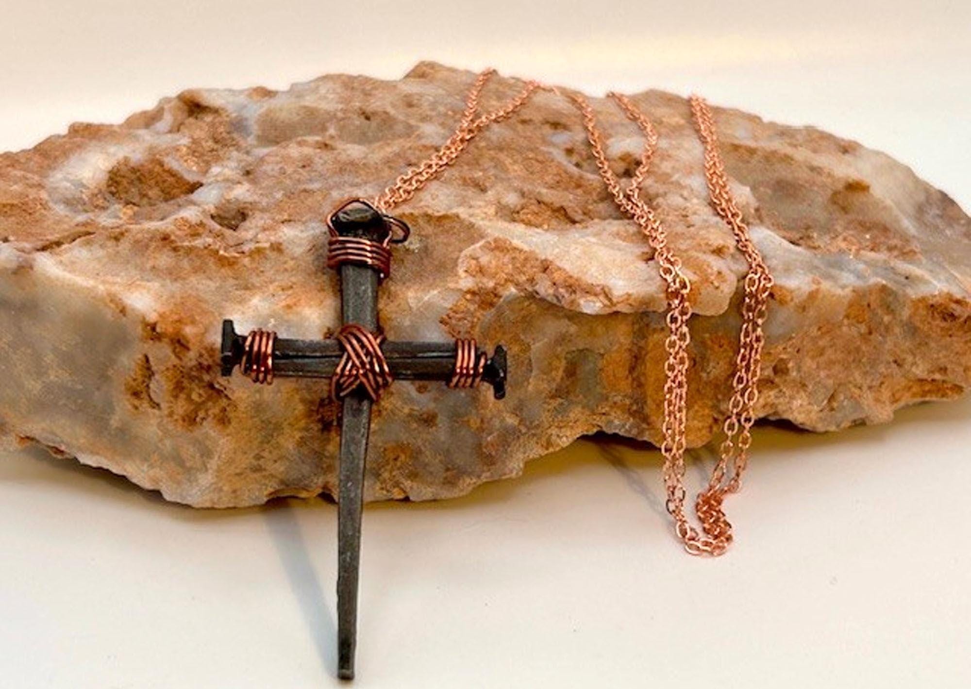 Iron Nail Cross Necklace – Crucifix Pendant - Copper 7th Anniversary - FREE GIFT BOX - Hand Forged Nails - Fathers Mothers Day Easter Gift