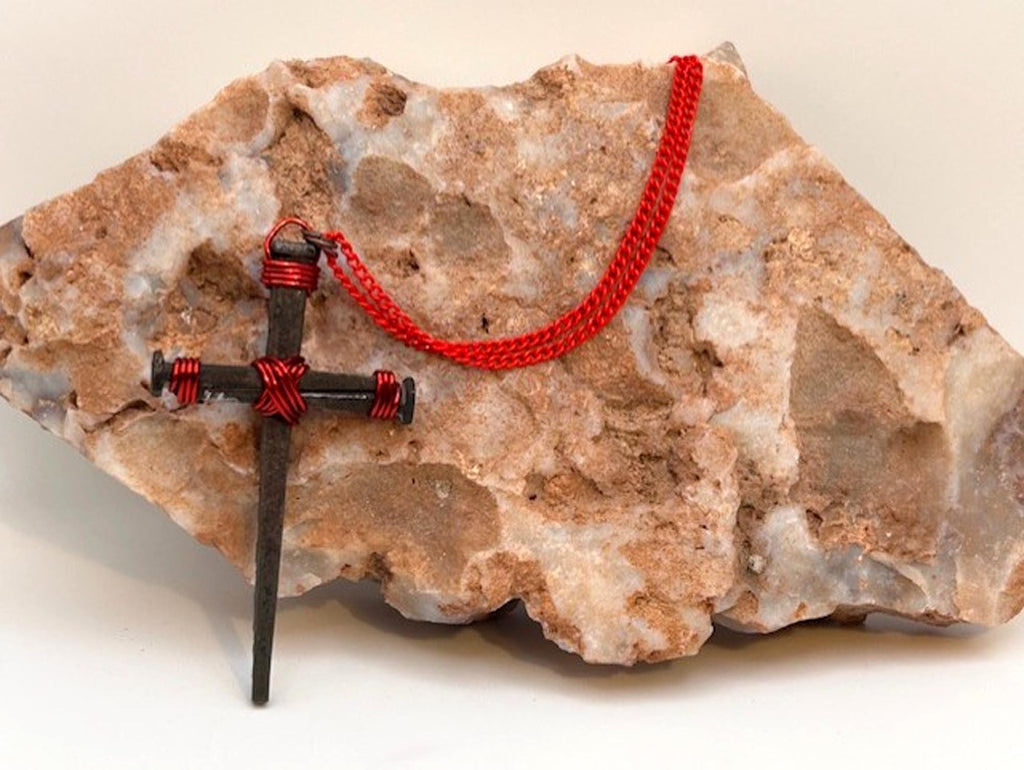 Christian Iron Nail Cross Necklace – Crucifix Pendant w Red Chain 2 - Red 2th Anniversary - Birthday Gift - Hand Forged 1815 - FREE GIFT BOX