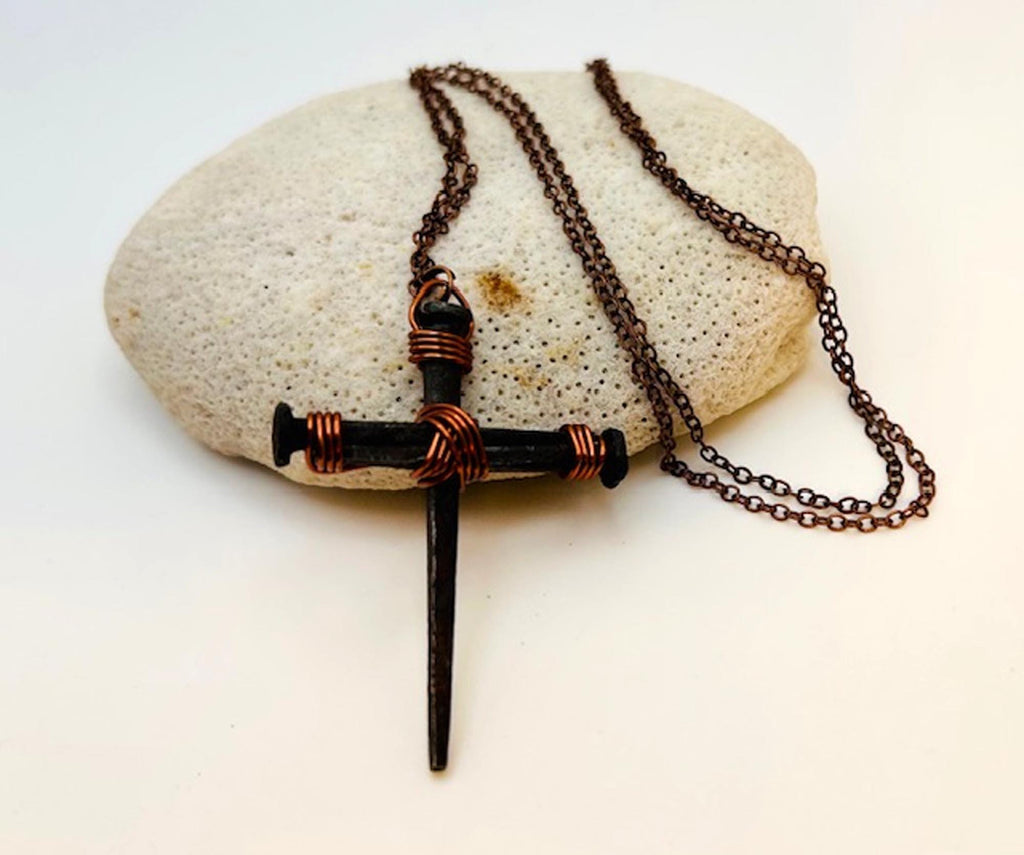 Iron Nail Cross Necklace - 6th Iron Anniversary - 7th Copper - Easter - Christian Crucifix - Easter - Fathers or Mothers Day GIFT BOX FREE