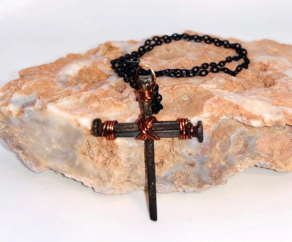 Iron Nail Cross Necklace – Christian Pendant, 6th Iron Anniversary - 7th Copper - Easter - Crucifix - - Fathers or Mothers Day GIFT BOX FREE