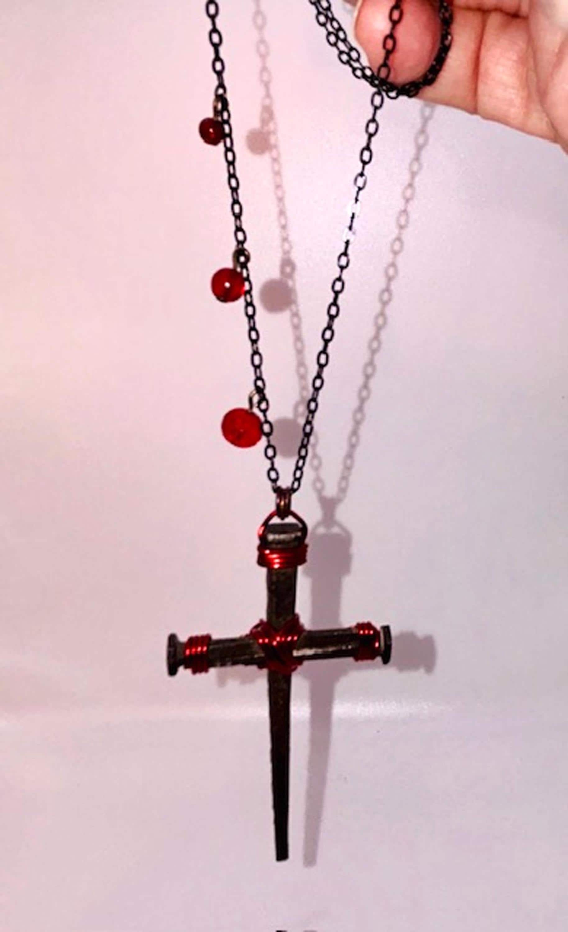 Gothic Iron Nail Cross Necklace – Crucifix Pendant w Blood Red Bead Drops - 6th Anniversary Birthday Gift - Hand Forged FREE GIFT BOX - Alt