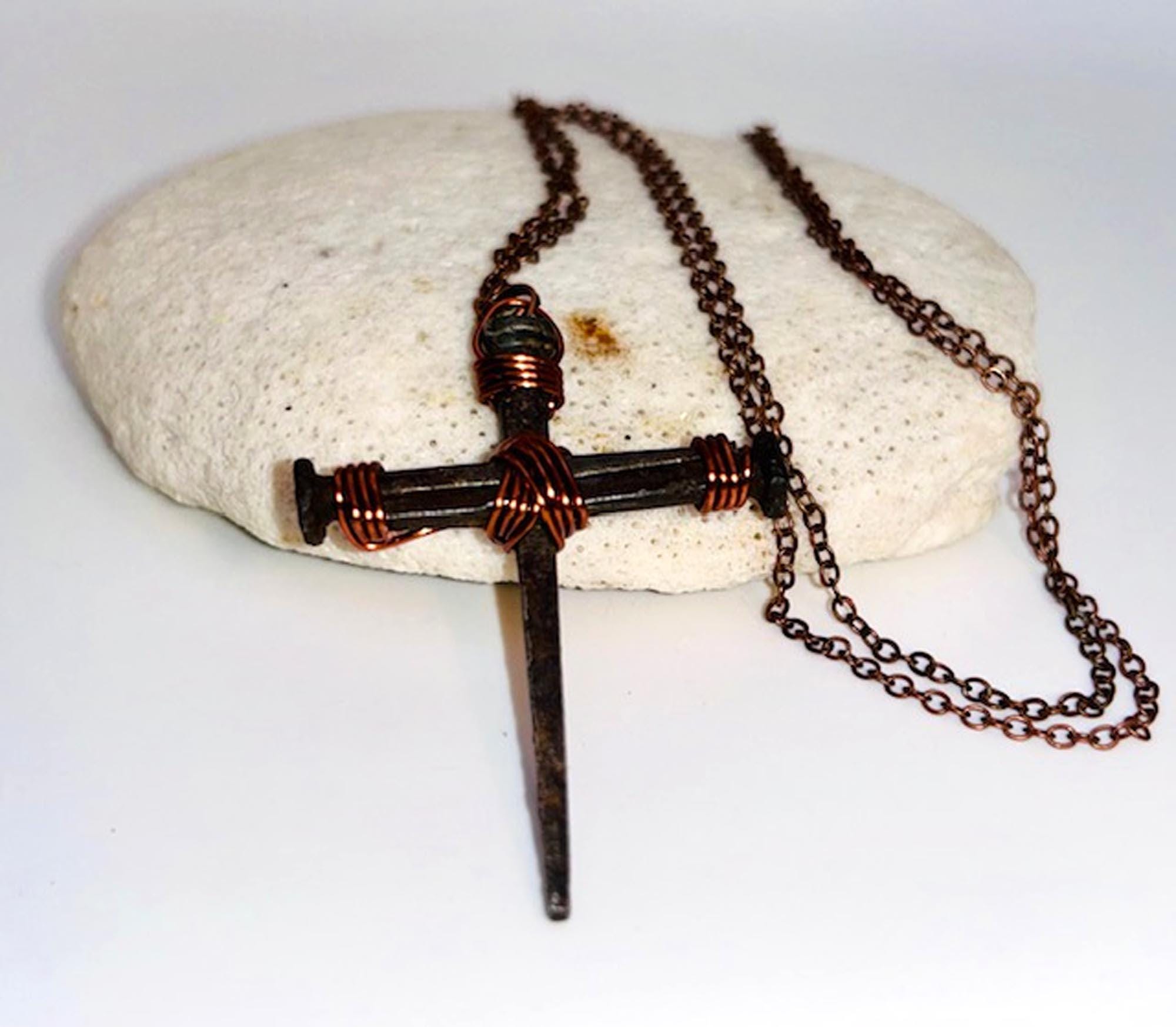 Iron Nail Cross Necklace - 6th Iron Anniversary - 7th Copper - Easter - Christian Crucifix - Easter - Fathers or Mothers Day GIFT BOX FREE