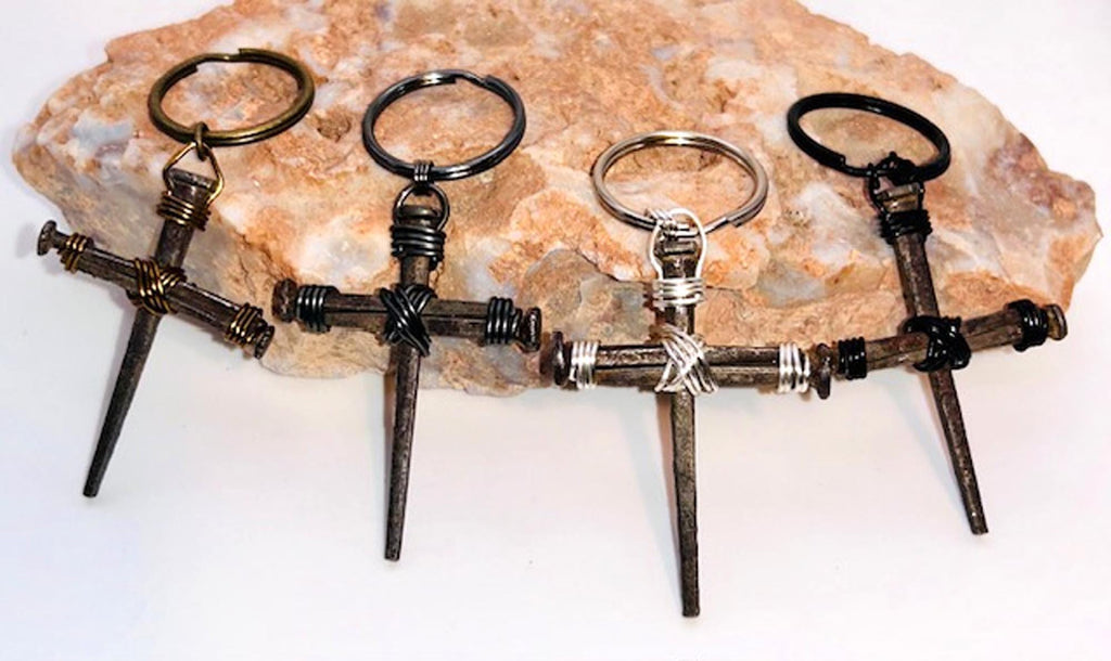 Iron Nail Cross Keyring - Hand Foraged Rustic Christian Gift, 8th Bronze Anniversary (Set of 2) - FREE GIFT BOX