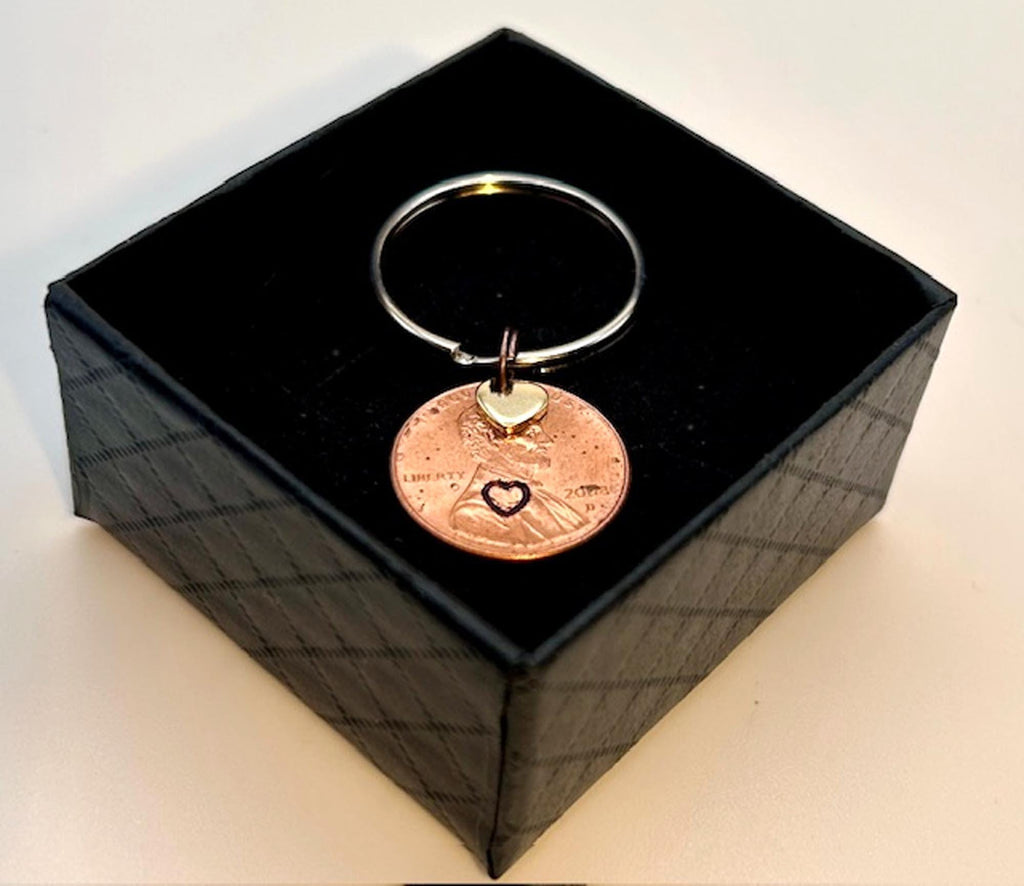 Penny Love Hearts x 2 Keychain - 7th - Copper Anniversary Gift, Stamped Penny, Set of 2, FREE GIFT BOX