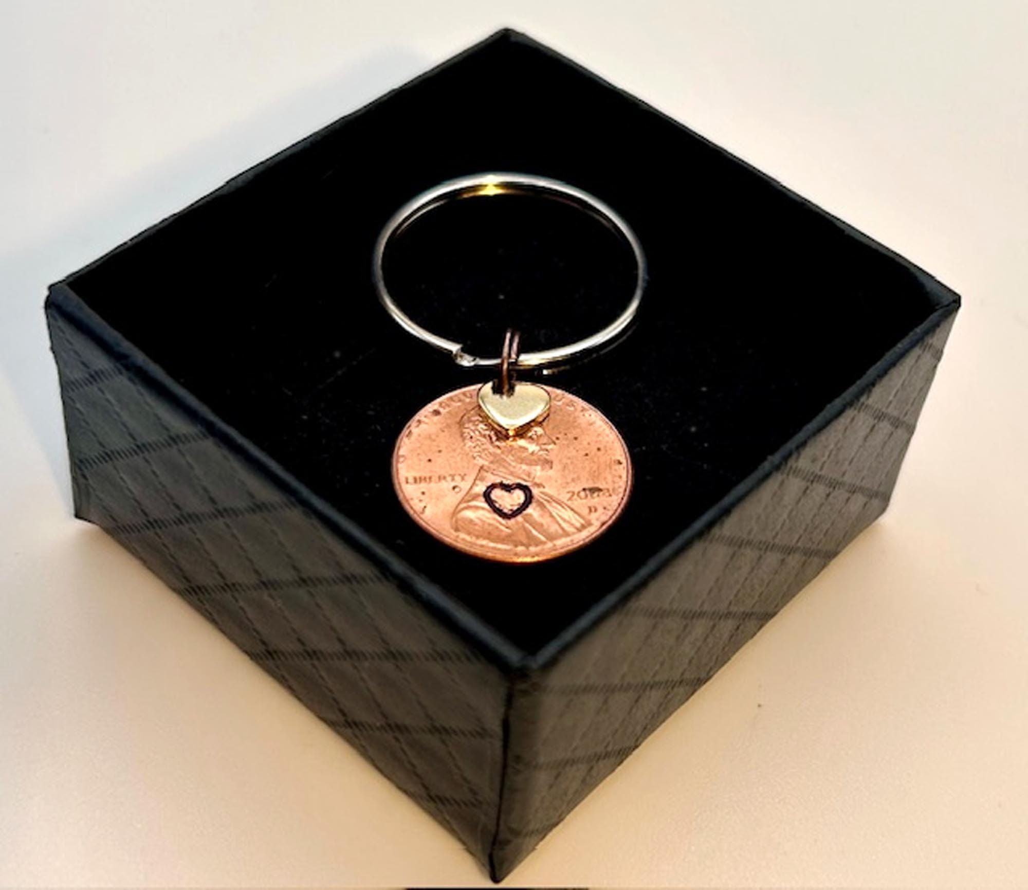 Penny Love Hearts x 2 Keychain - 7th - Copper Anniversary Gift, Stamped Penny, Set of 2, FREE GIFT BOX