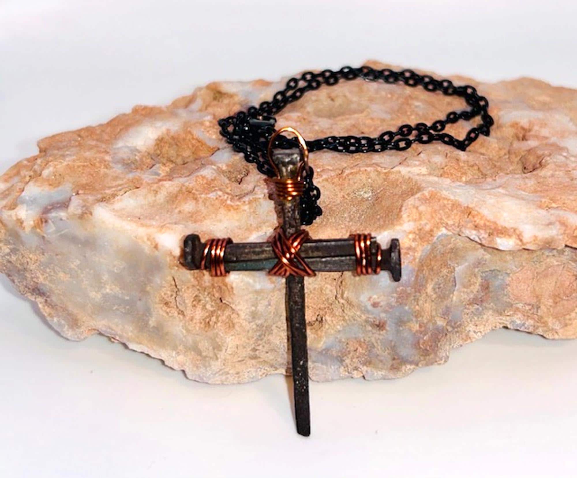 Iron Nail Cross Necklace – Crucifix - Religious Pendant - Copper 7th Anniversary - FREE GIFT BOX - Hand Forged - Fathers Mothers Day - B Day