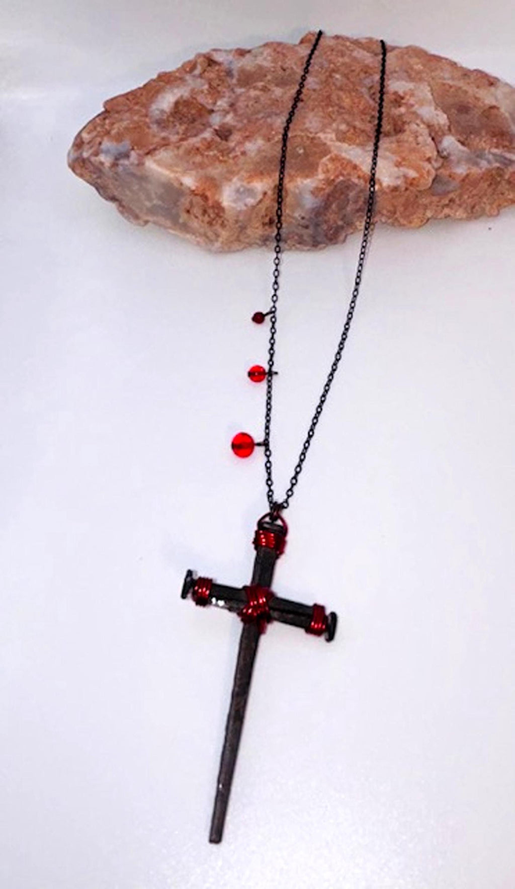 Gothic Iron Nail Cross Necklace – Crucifix Pendant w Blood Red Bead Drops - 6th Anniversary Birthday Gift - Hand Forged FREE GIFT BOX - Alt