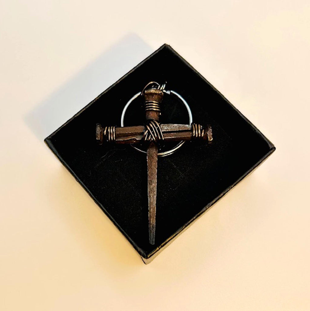 Hand Forged Iron Nail Cross Keyring - Rustic Christian Gift, 6th Anniversary (Set of 2) - FREE GIFT BOX