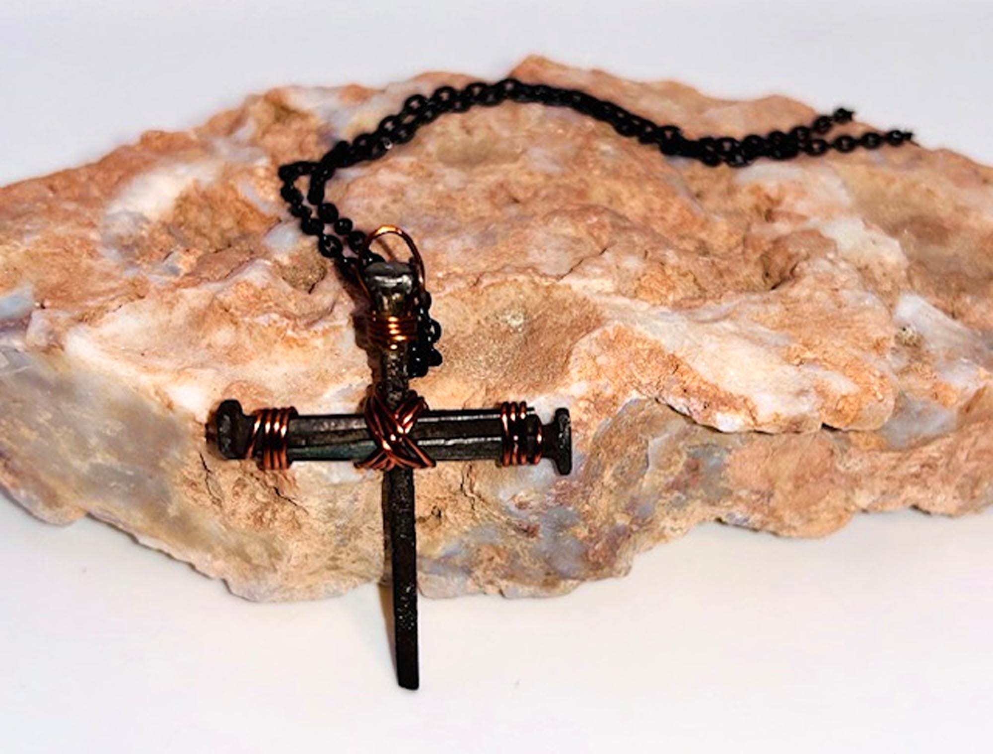 Iron Nail Cross Necklace – Christian Pendant, 6th Iron Anniversary - 7th Copper - Easter - Crucifix - - Fathers or Mothers Day GIFT BOX FREE