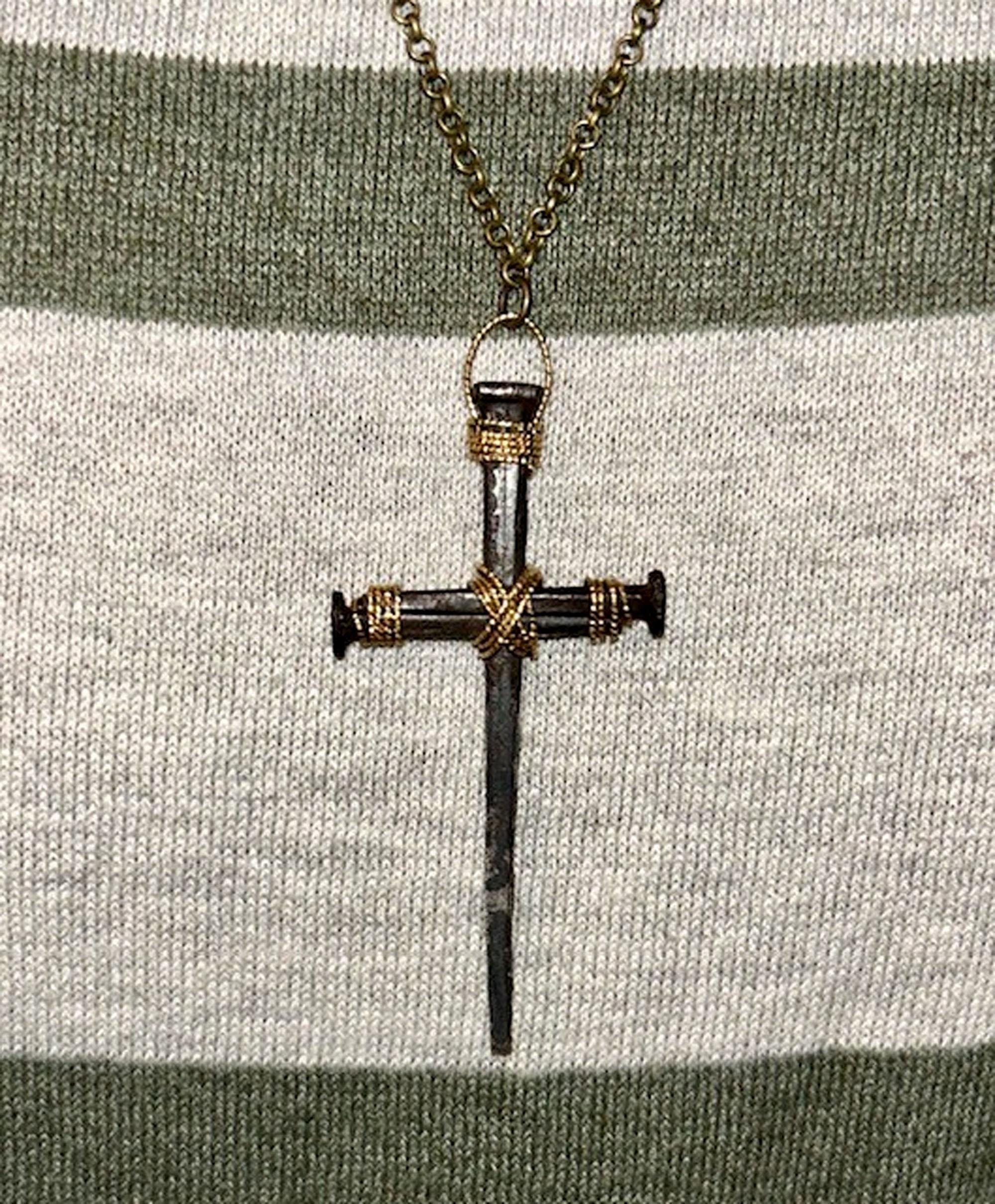 Christian Iron Nail Cross Necklace – Crucifix Pendant w Red Chain 2 - Red 2th Anniversary - Birthday Gift - Hand Forged 1815 - FREE GIFT BOX