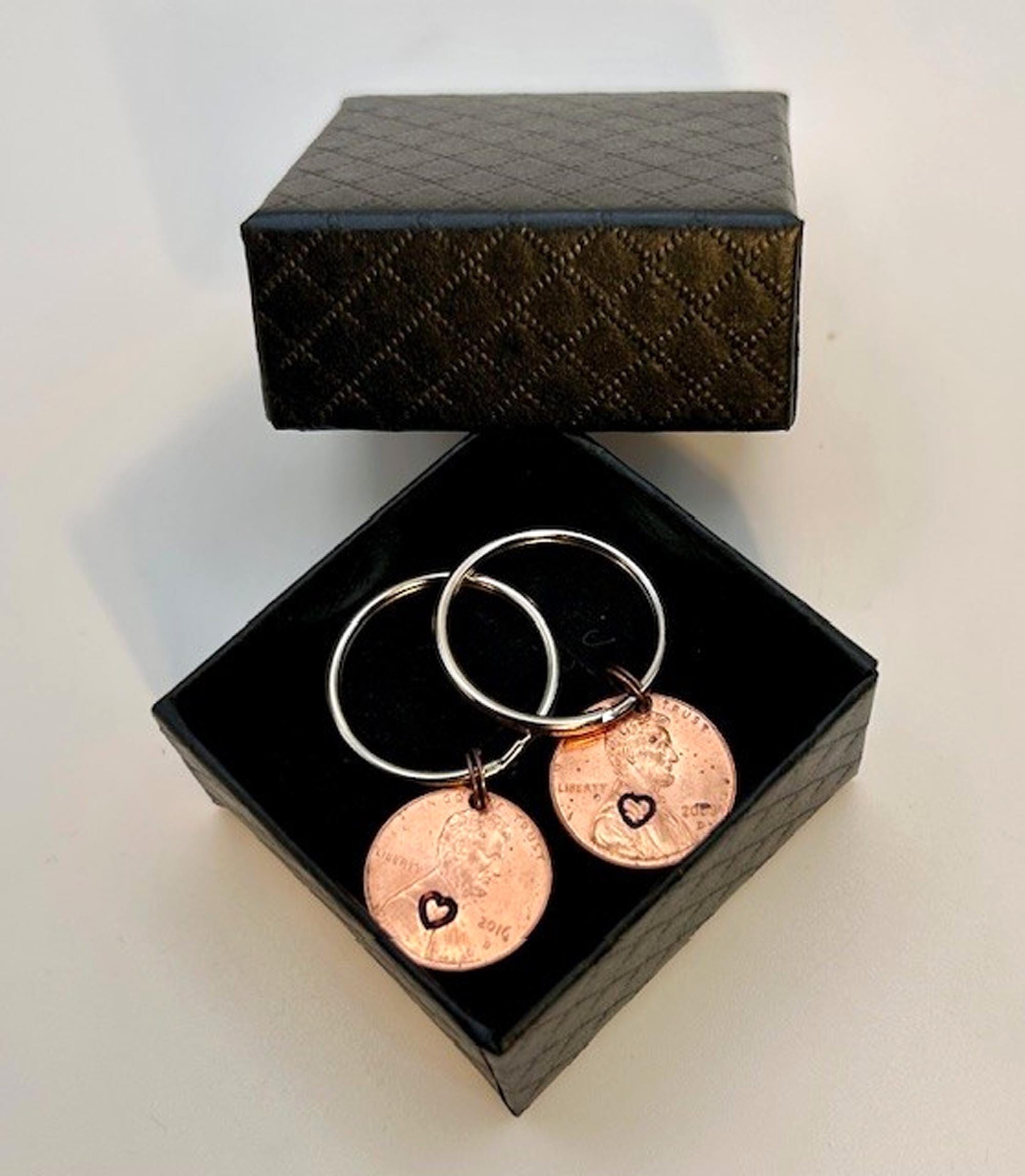Penny Love Hearts Keychain - 7th - Copper Anniversary Gift, Stamped Penny, Set of 2, FREE GIFT BOX