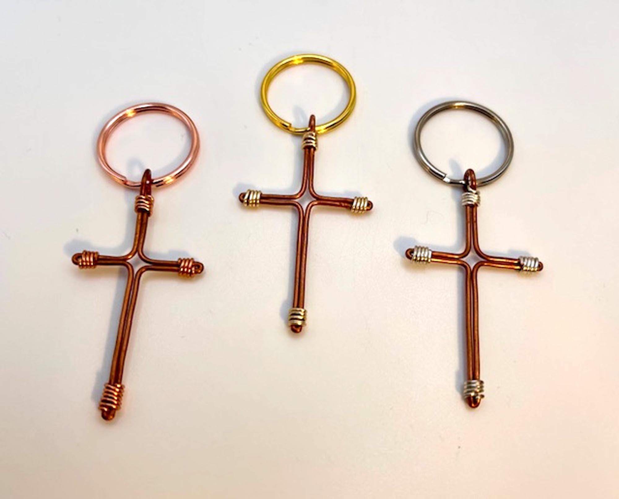 Pair Copper Wire Cross Keychains – Couple's Rustic Crucifix Key Rings - 7th Copper Anniversary - Custom Set of 2 Gift - FREE GIFT BOX