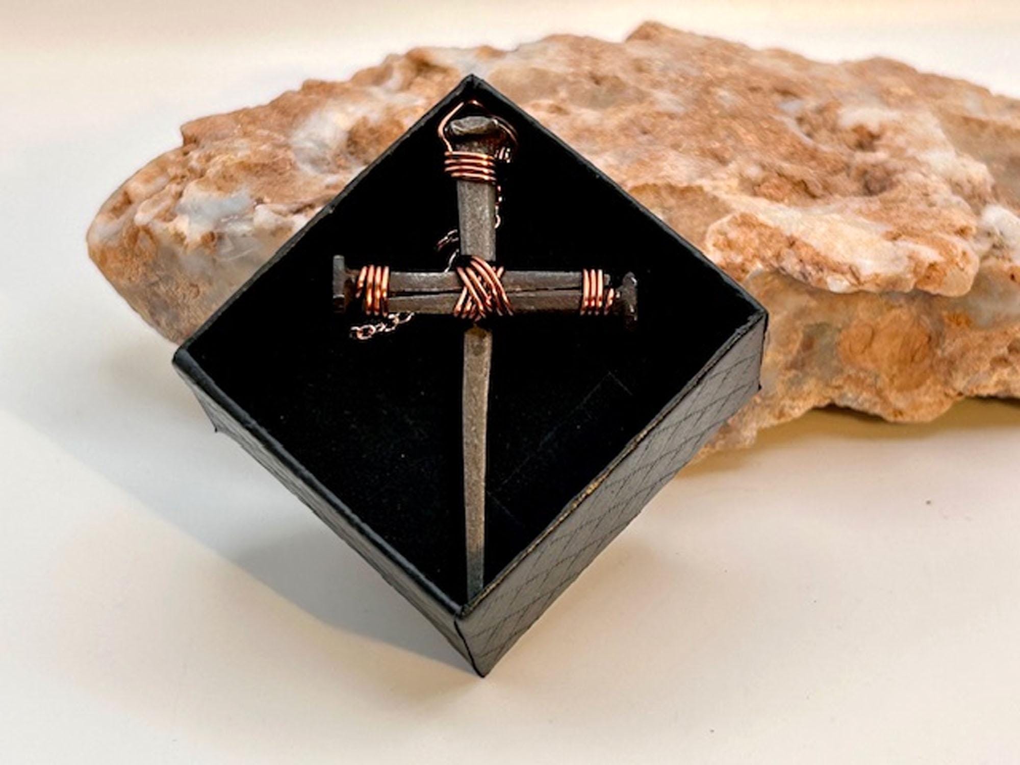 Iron Nail Cross Necklace – Crucifix Pendant - Copper 7th Anniversary - FREE GIFT BOX - Hand Forged Nails - Fathers Mothers Day Easter Gift