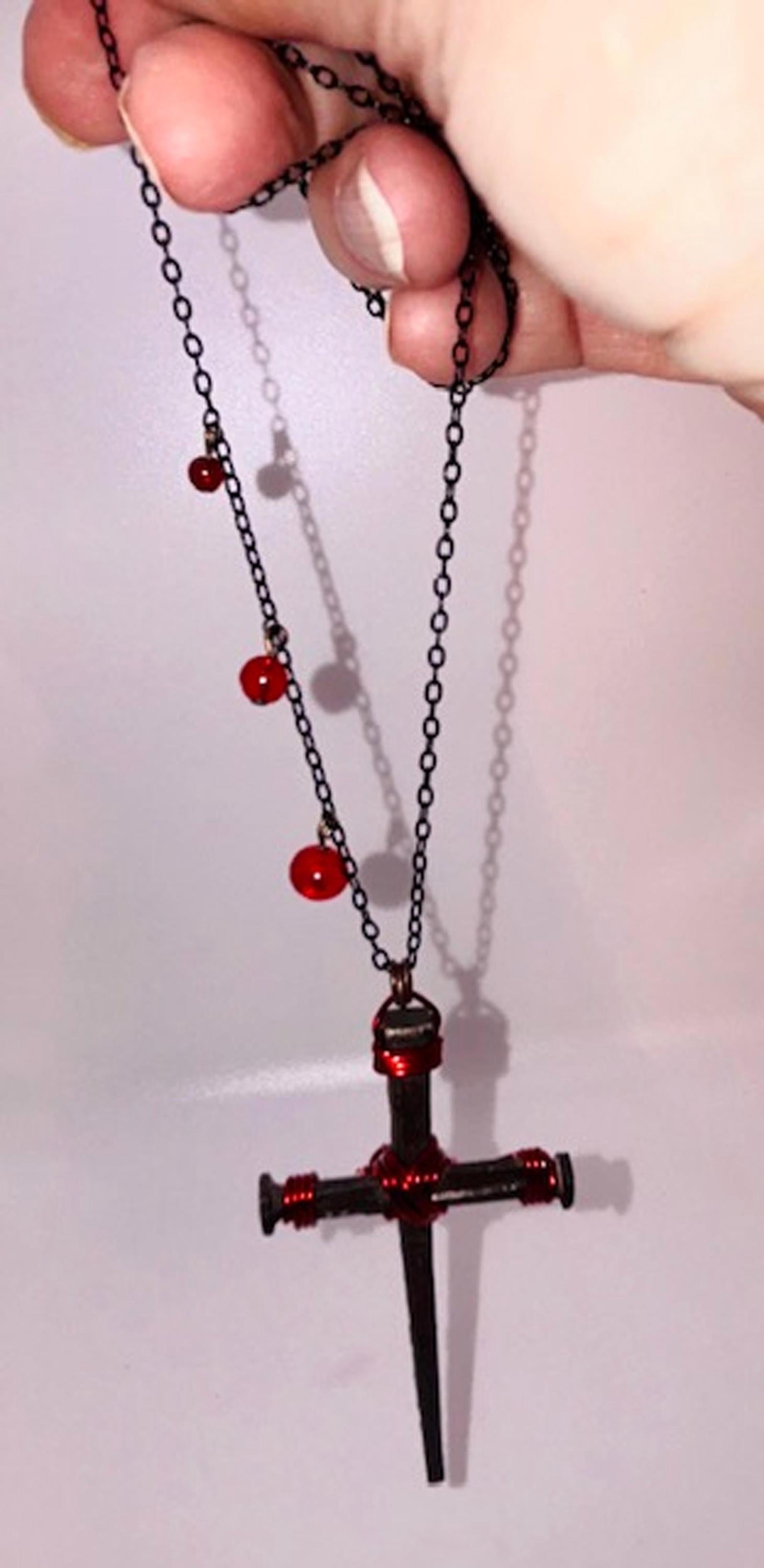 Gothic Iron Nail Cross Necklace – Crucifix Pendant w Blood Red Bead Drops - 6th Anniversary Birthday Gift - Hand Forged FREE GIFT BOX - Alt
