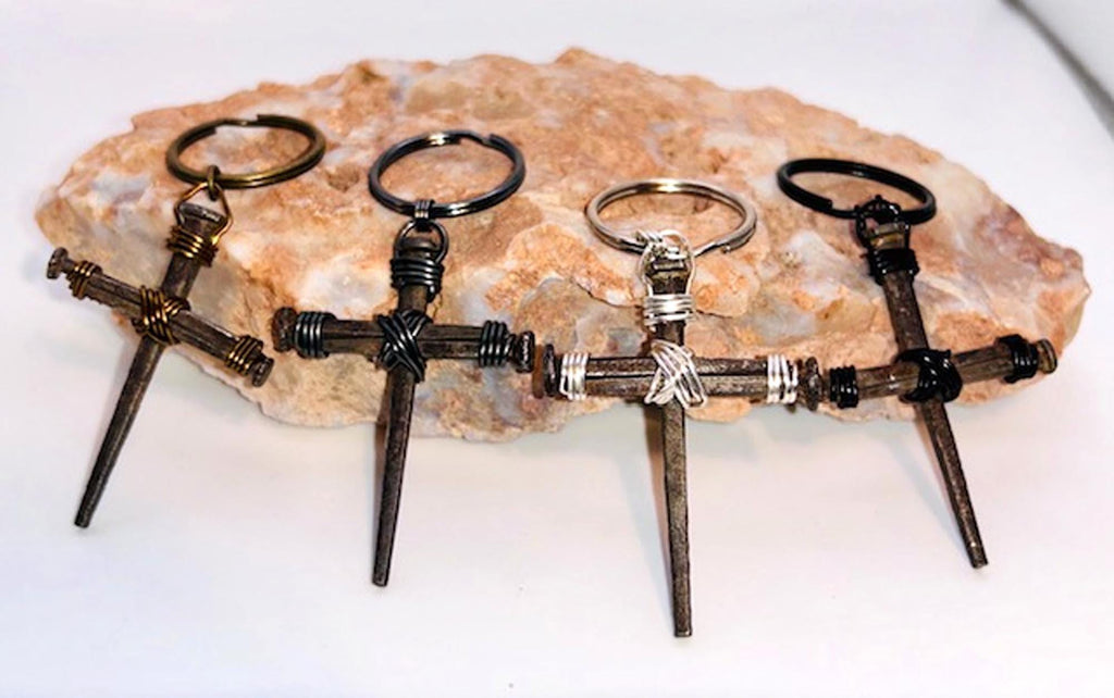 Hand Forged Iron Nail Cross Keyring - Rustic Christian Gift, 6th Anniversary (Set of 2) - FREE GIFT BOX