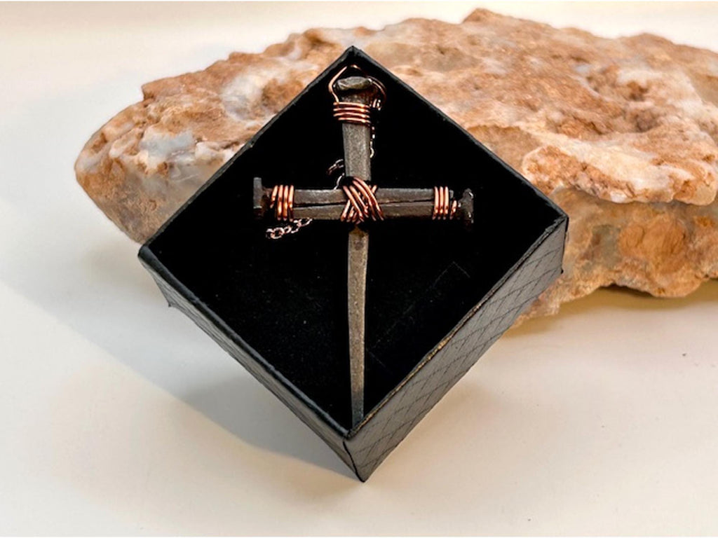 Iron Nail Cross Necklace – Crucifix Pendant - Copper 7th Anniversary - FREE GIFT BOX - Hand Forged Nails - Fathers Mothers Day Easter Gift