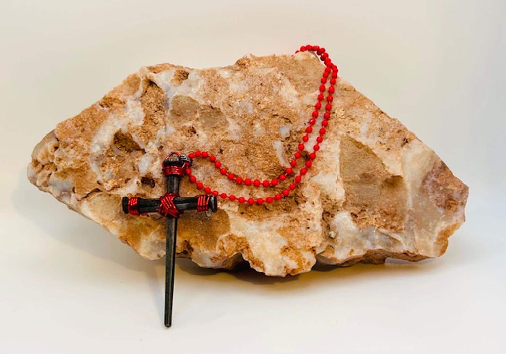 Christian Iron Nail Cross Necklace – Crucifix Pendant w Red Chain 2 - Red 2th Anniversary - Birthday Gift - Hand Forged 1815 - FREE GIFT BOX