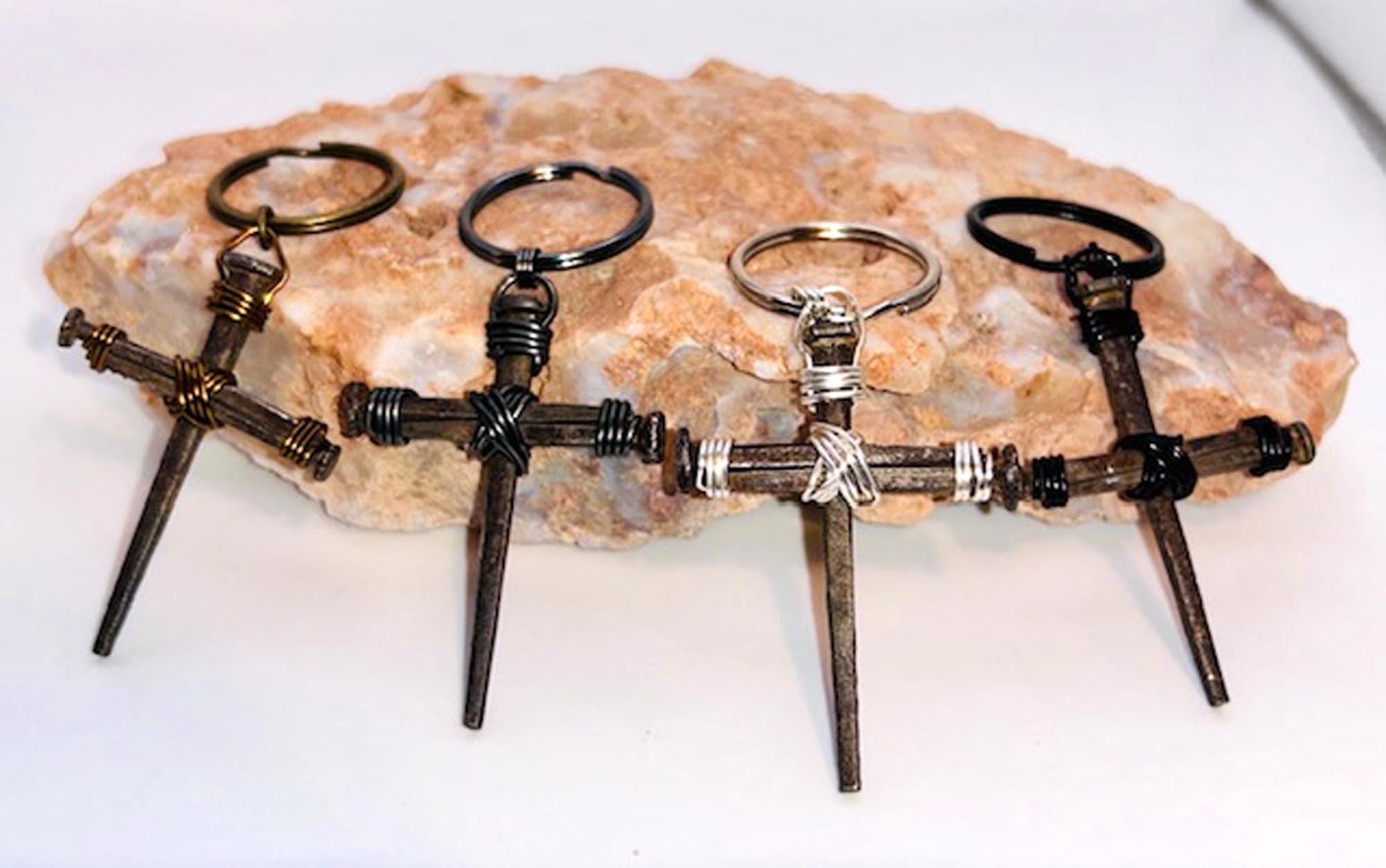 Iron Nail Cross Keychain – Rustic Christian Crucifix Keyring (Set of 2) - Hand Forged - Anniversary Gift