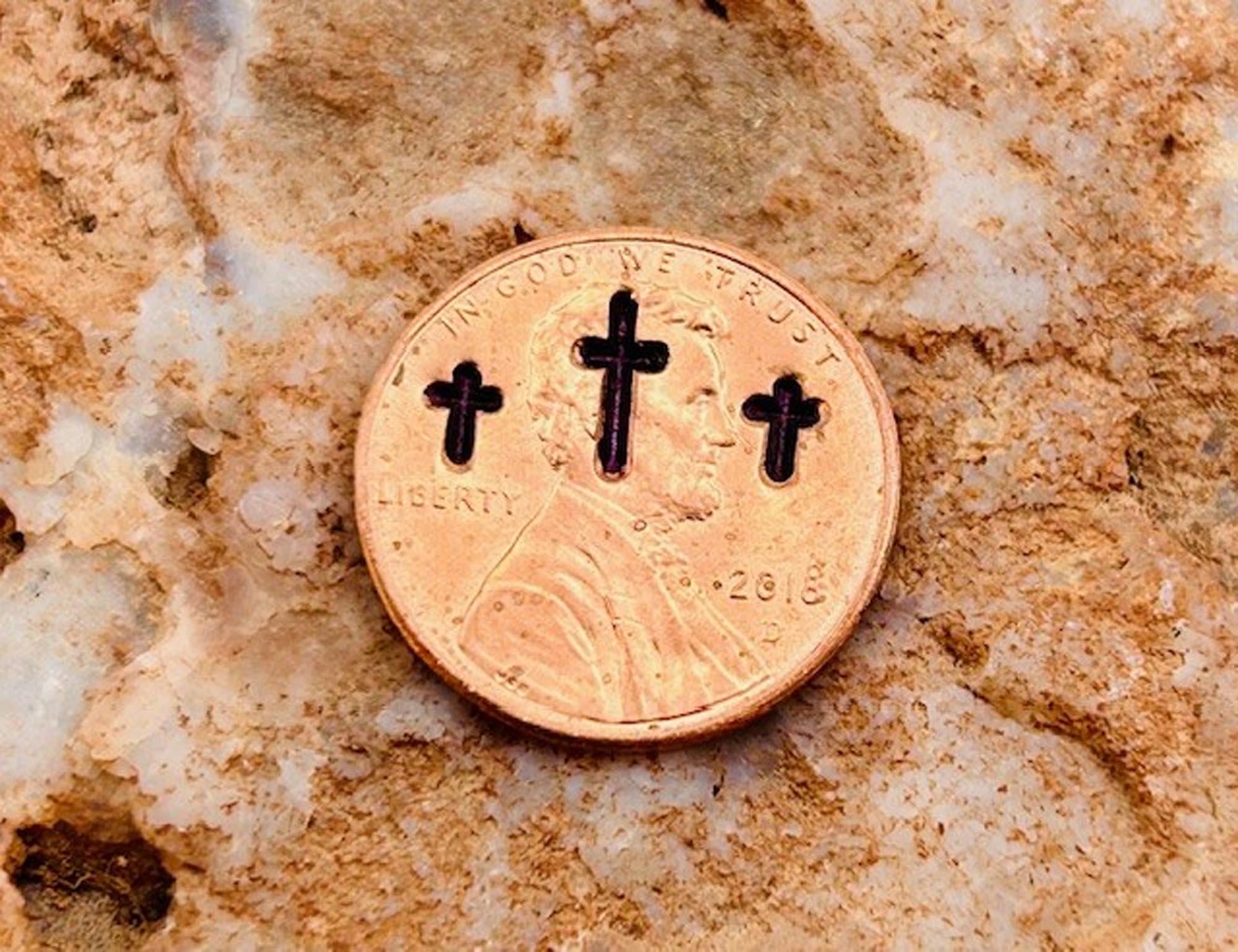 Stamped Penny Charm – Christian Crosses, Heart, Religious Gift