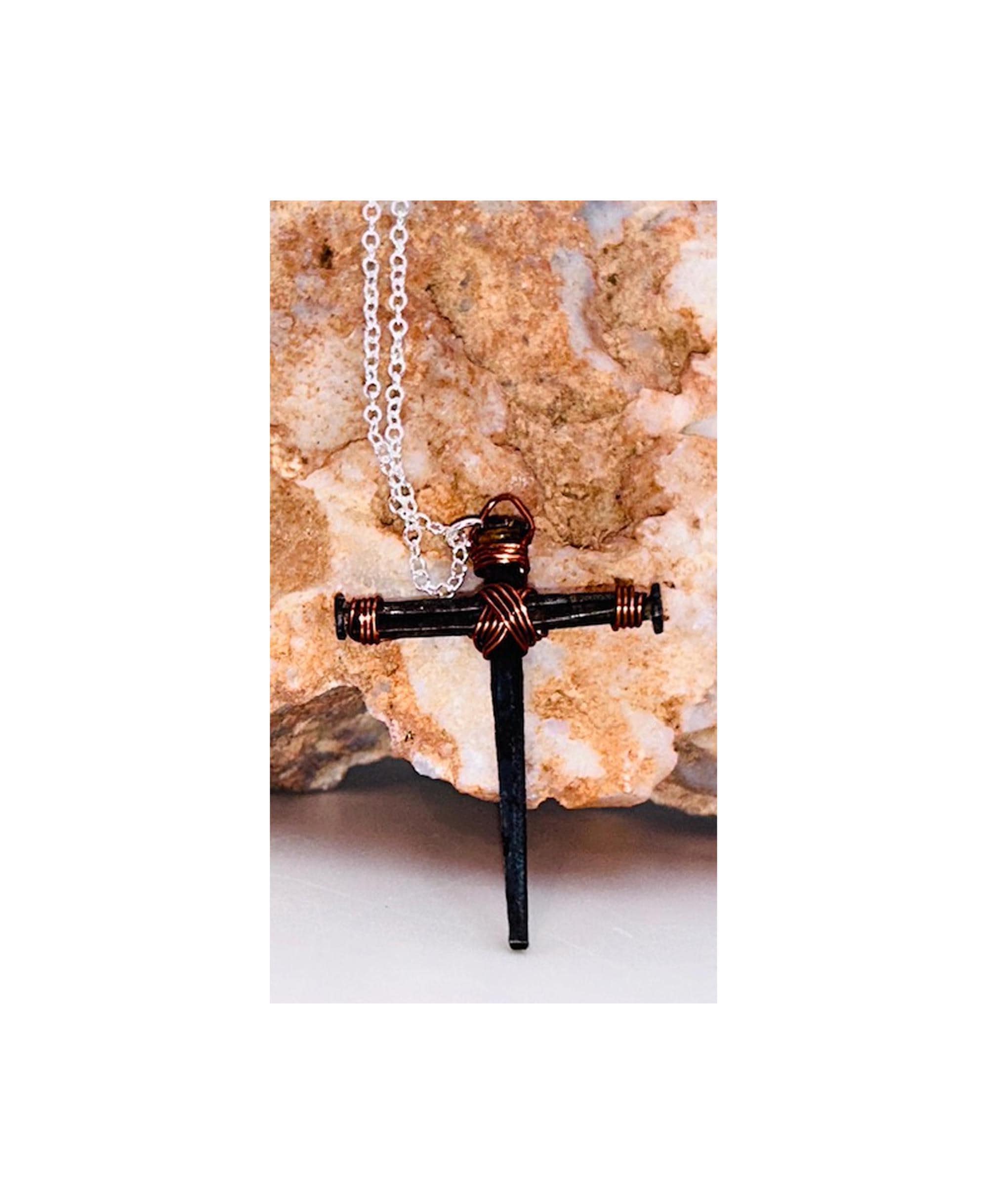 Iron Nail Cross Necklace - 6th Iron Anniversary - 7th Copper Anniversary - Christian Crucifix - Easter - Fathers - Mothers Day GIFT BOX FREE