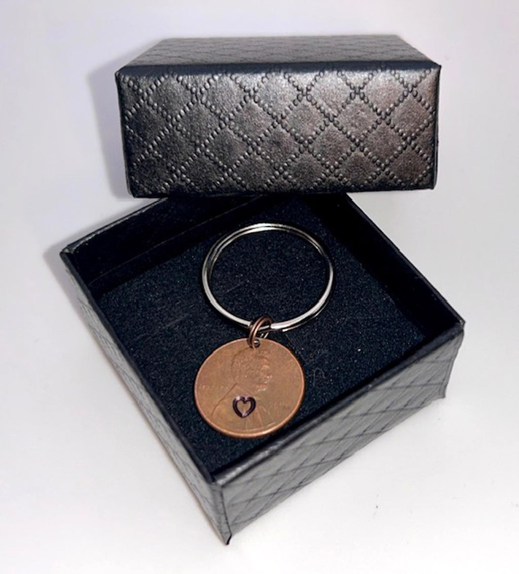 Penny Love Hearts Keychain - 7th - Copper Anniversary Gift, Stamped Penny, Set of 2, FREE GIFT BOX