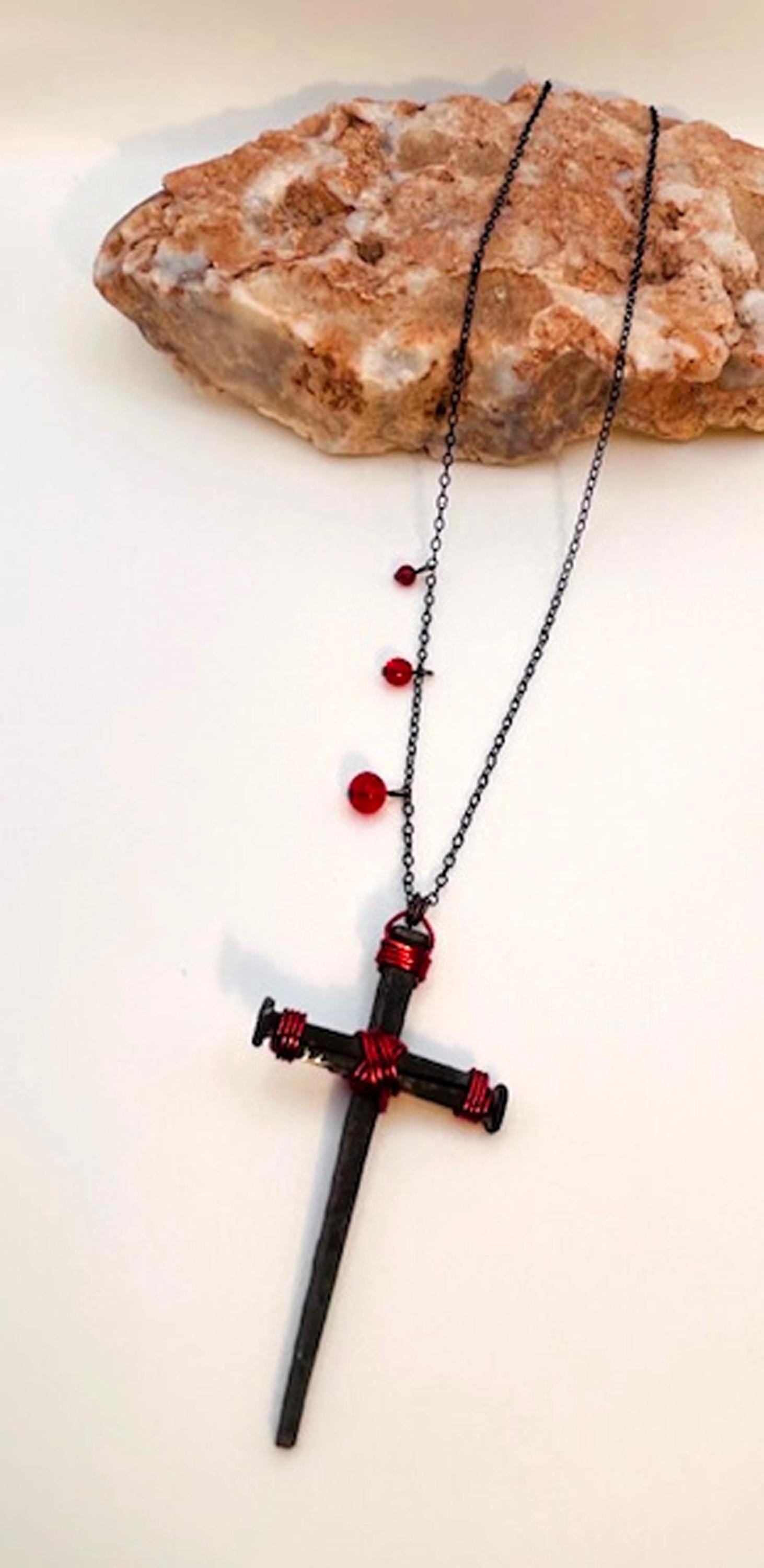 Gothic Iron Nail Cross Necklace – Crucifix Pendant w Blood Red Bead Drops - 6th Anniversary Birthday Gift - Hand Forged FREE GIFT BOX - Alt