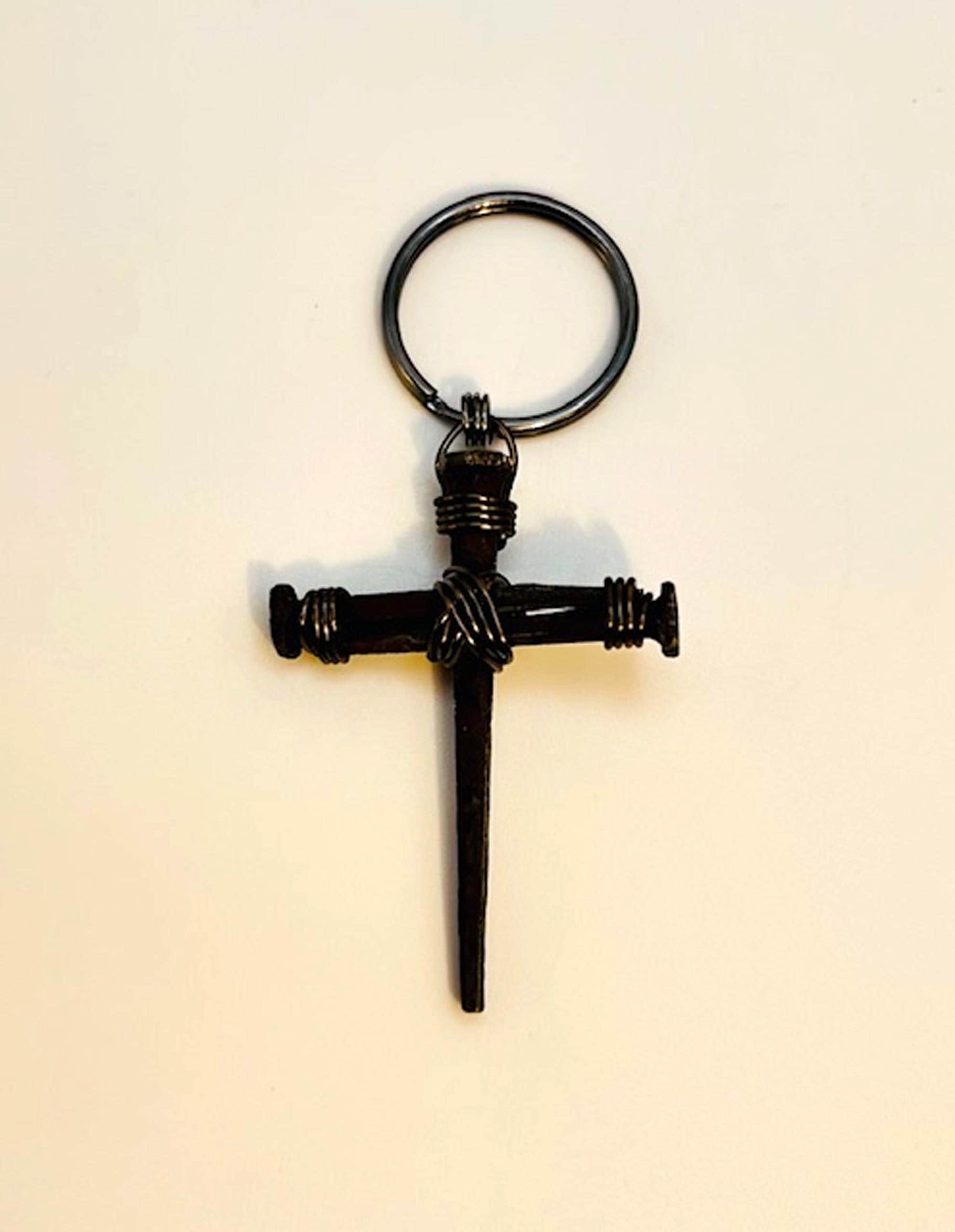Iron Nail Cross Keyring - Rustic Christian Keychain Gift, 6th Anniversary (Set of 2) - FREE GIFT BOX - Hand Forged