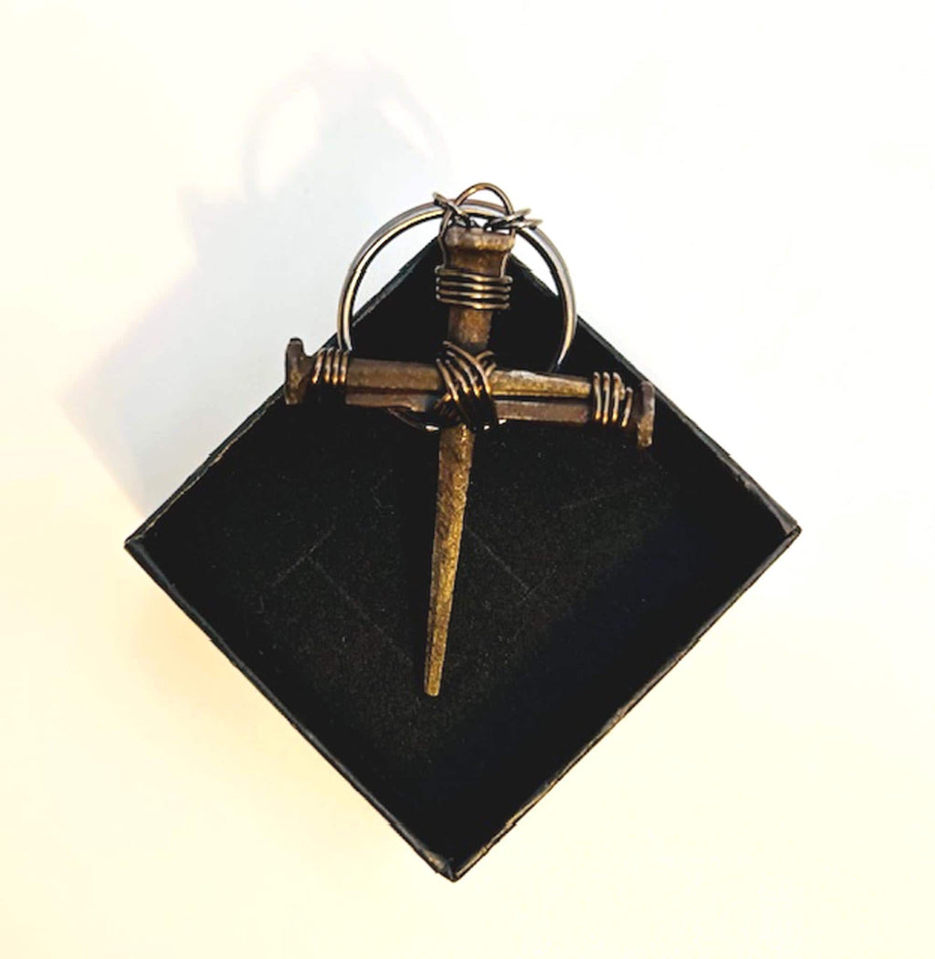 Pair Hand Forged Iron Nail Cross Keychain - 1815 Rustic Crucifix Keyring - 8th Bronze Anniversary - Set of 2 - Custom - FREE GIFT BOX