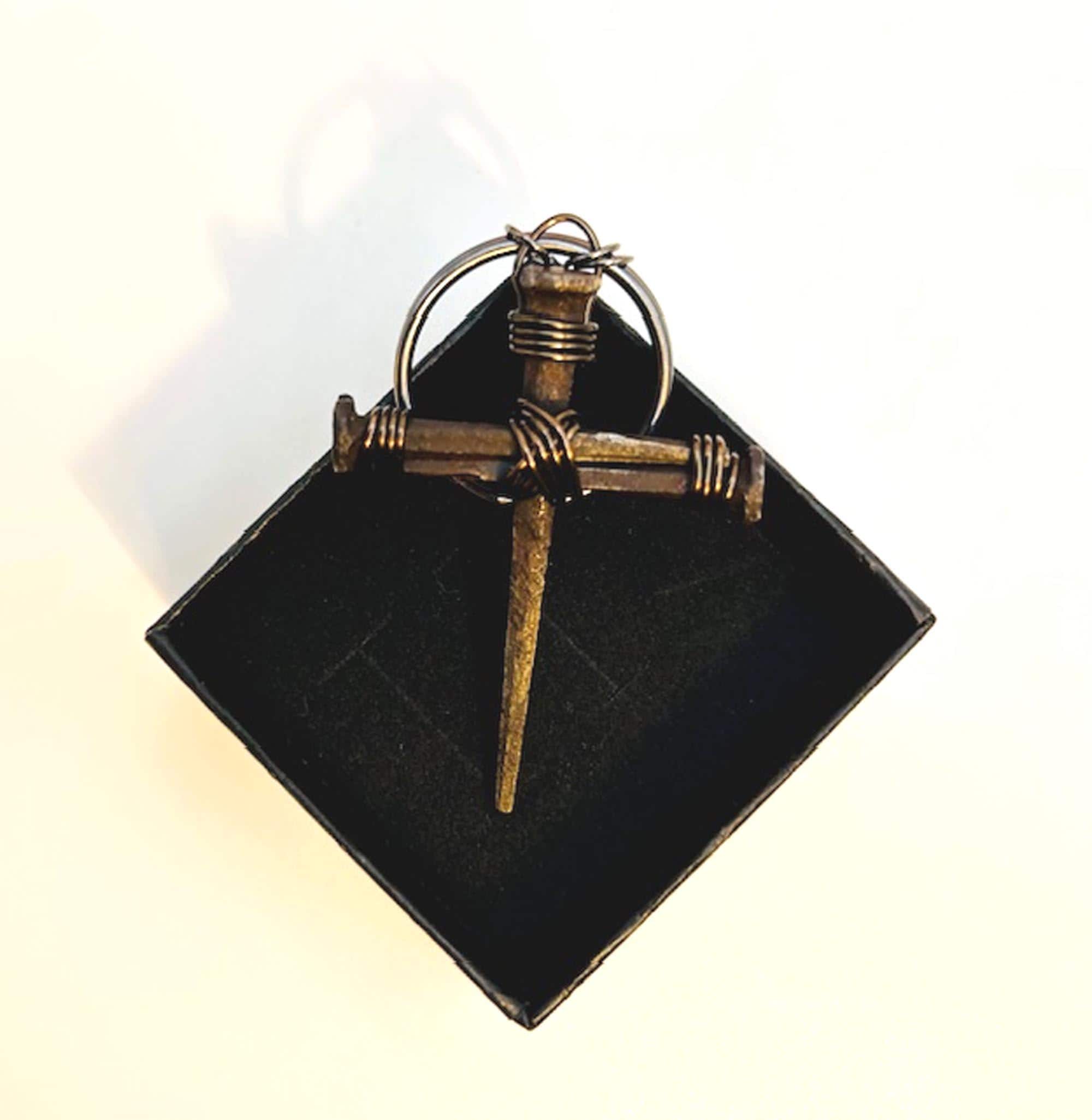 Pair Hand Forged Iron Nail Cross Keychain - 1815 Rustic Crucifix Keyring - 8th Bronze Anniversary - Set of 2 - Custom - FREE GIFT BOX