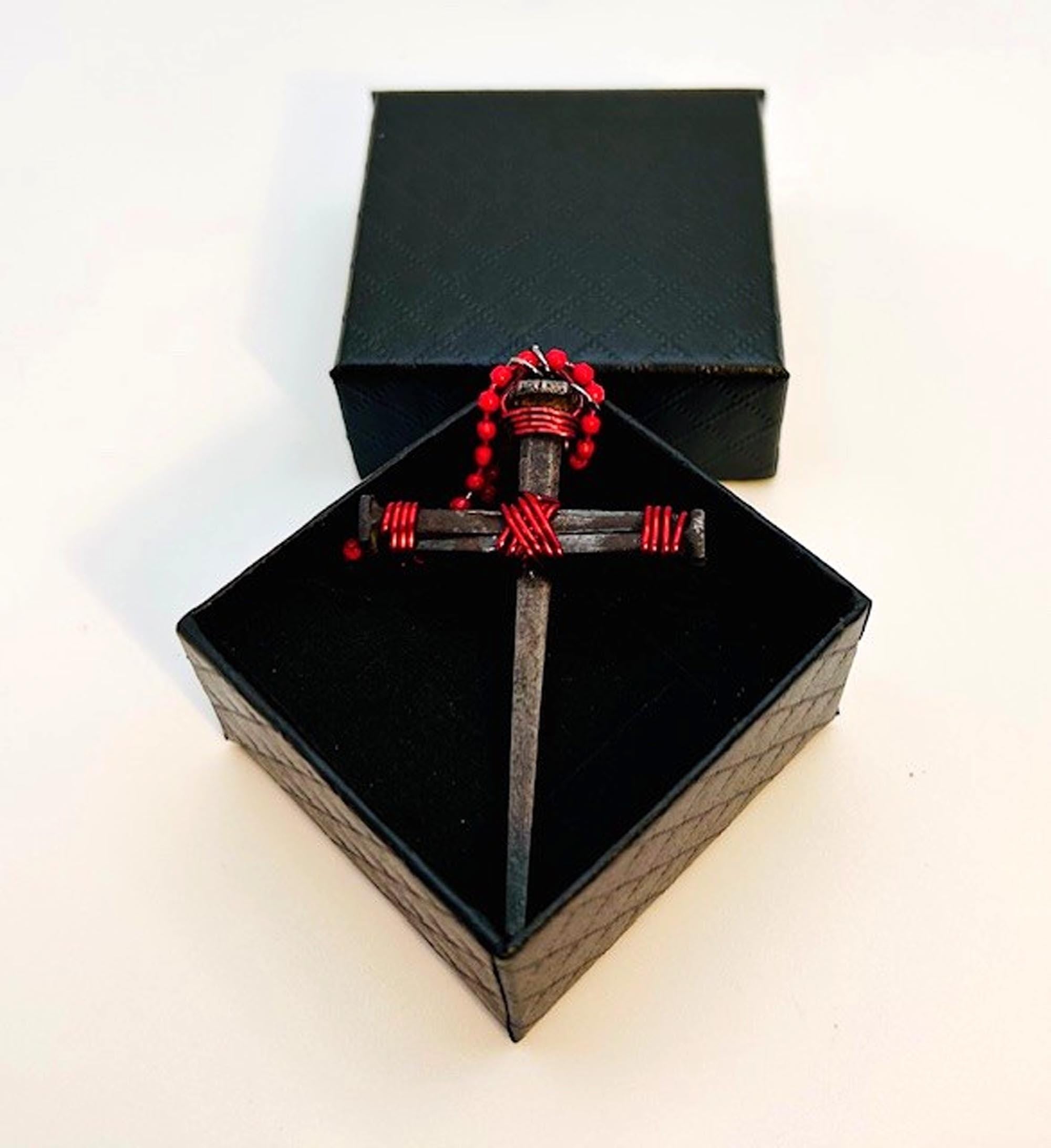 Gothic Iron Nail Cross Necklace – Crucifix Pendant - Blood Red Chain 2 - Iron 6th Anniversary Birthday Gift -Hand Forged - FREE GIFT BOX