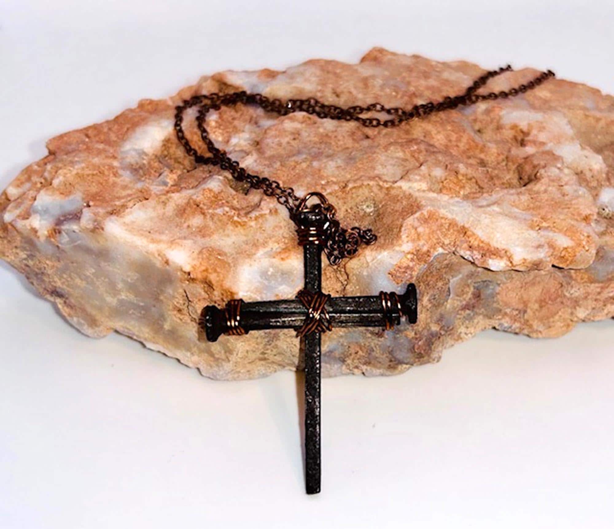 Iron Nail Cross Necklace – Christian Pendant, 6th Iron Anniversary - 7th Copper - Easter - Crucifix - - Fathers or Mothers Day GIFT BOX FREE