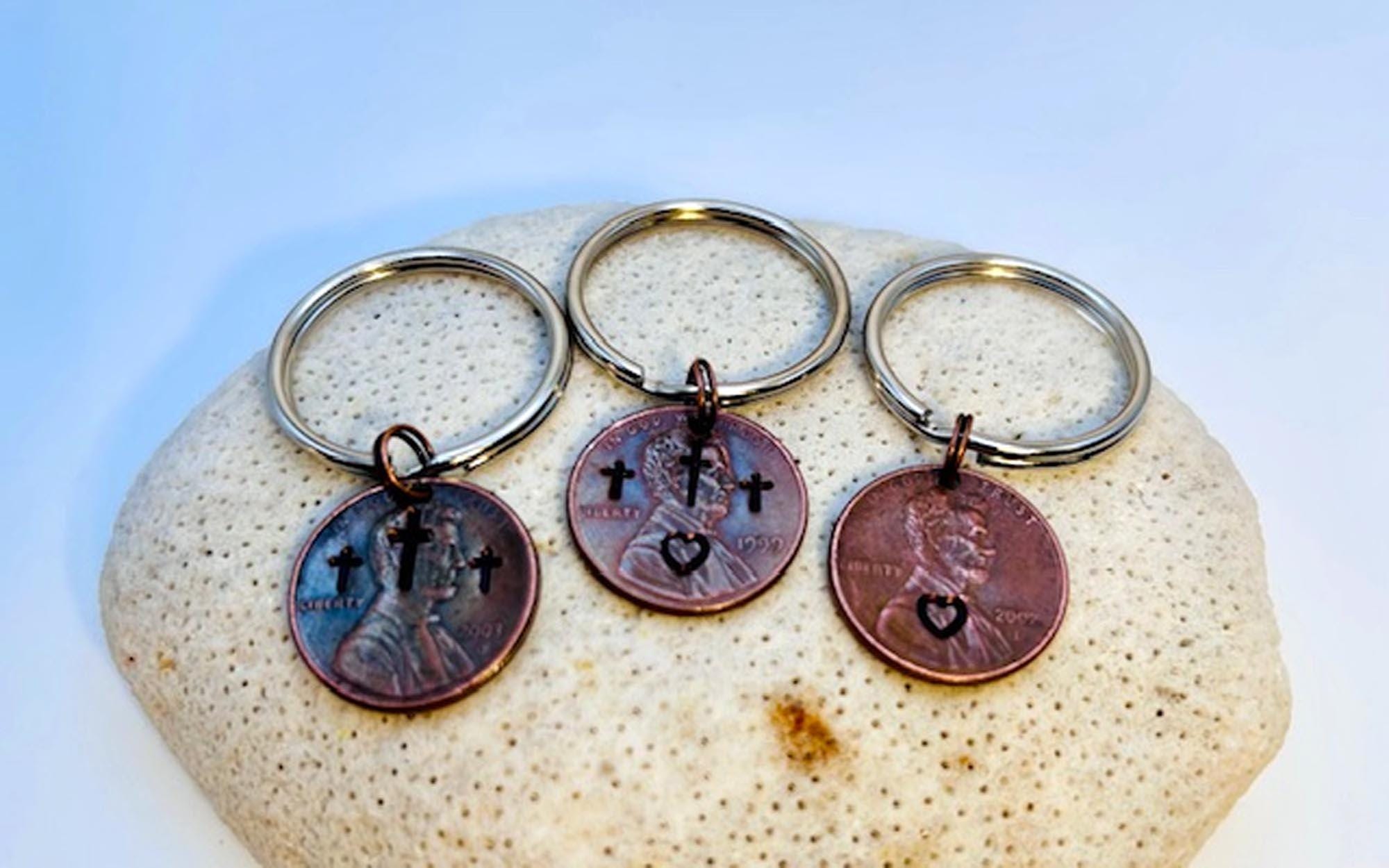 Penny Cross Keychains - Christian Religious Gift, Stamped Penny, Set of 2 - FREE GIFT BOX